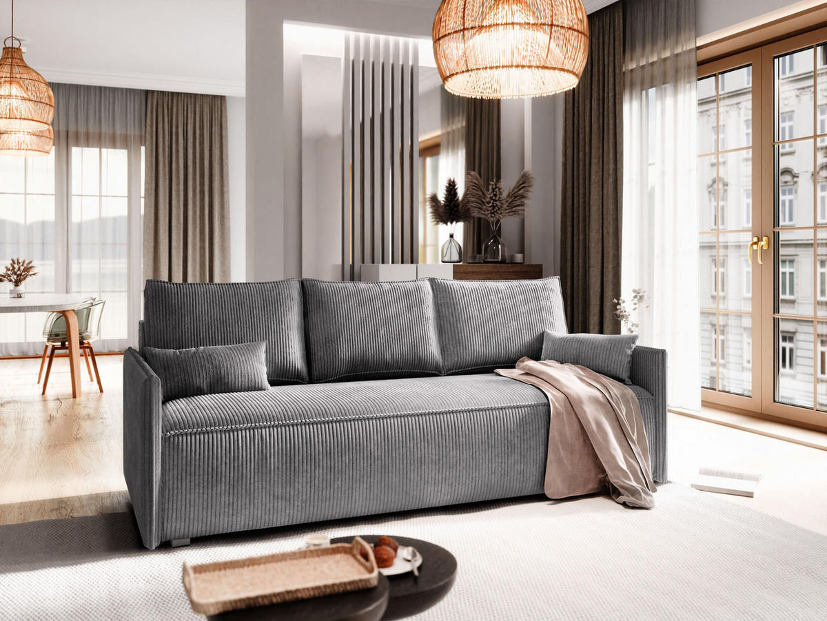 BETTSOFA MESTOR Grau Kordstoff mit Schlaffunktion - Grau, Textil (206/83/87cm) - MASSENO