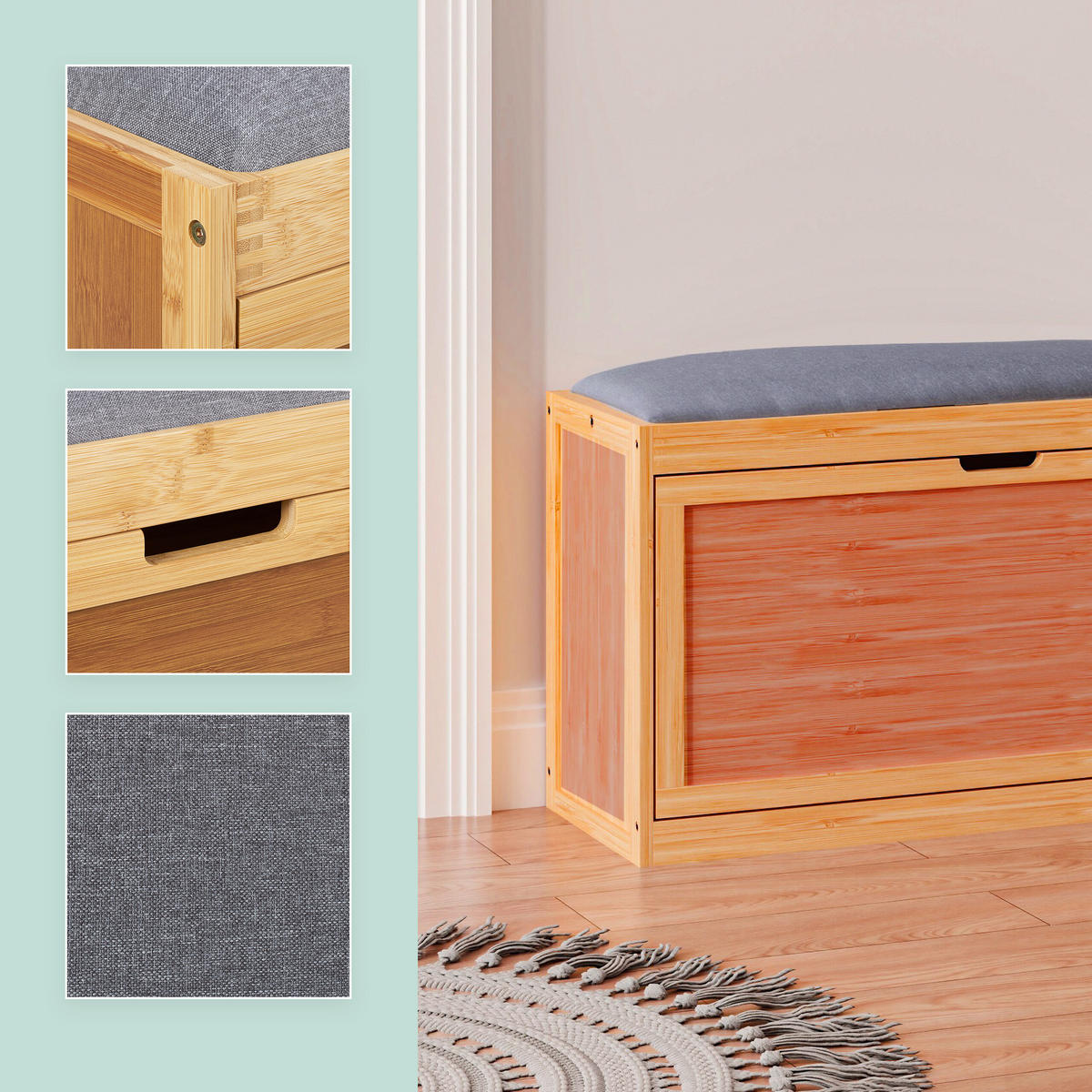 SCHUHBANK - Hellbraun/Grau, Holz/Kunststoff (80/49/26cm) - Relaxdays