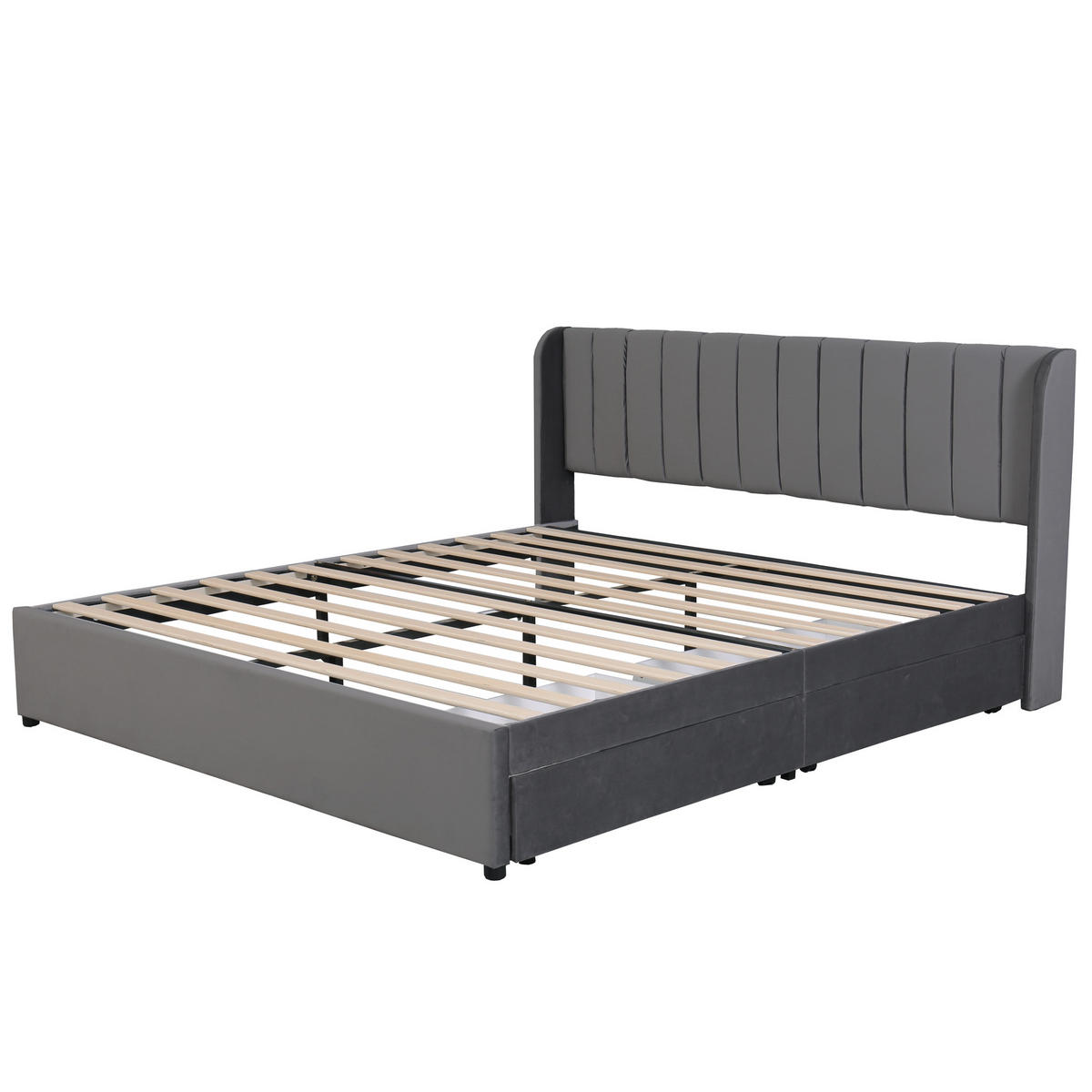 POLSTERBETT aus Samt 180x200 cm in Grau mit Lattenrost & 2 Schubladen - Grau, Textil (180/200cm) - Modfu