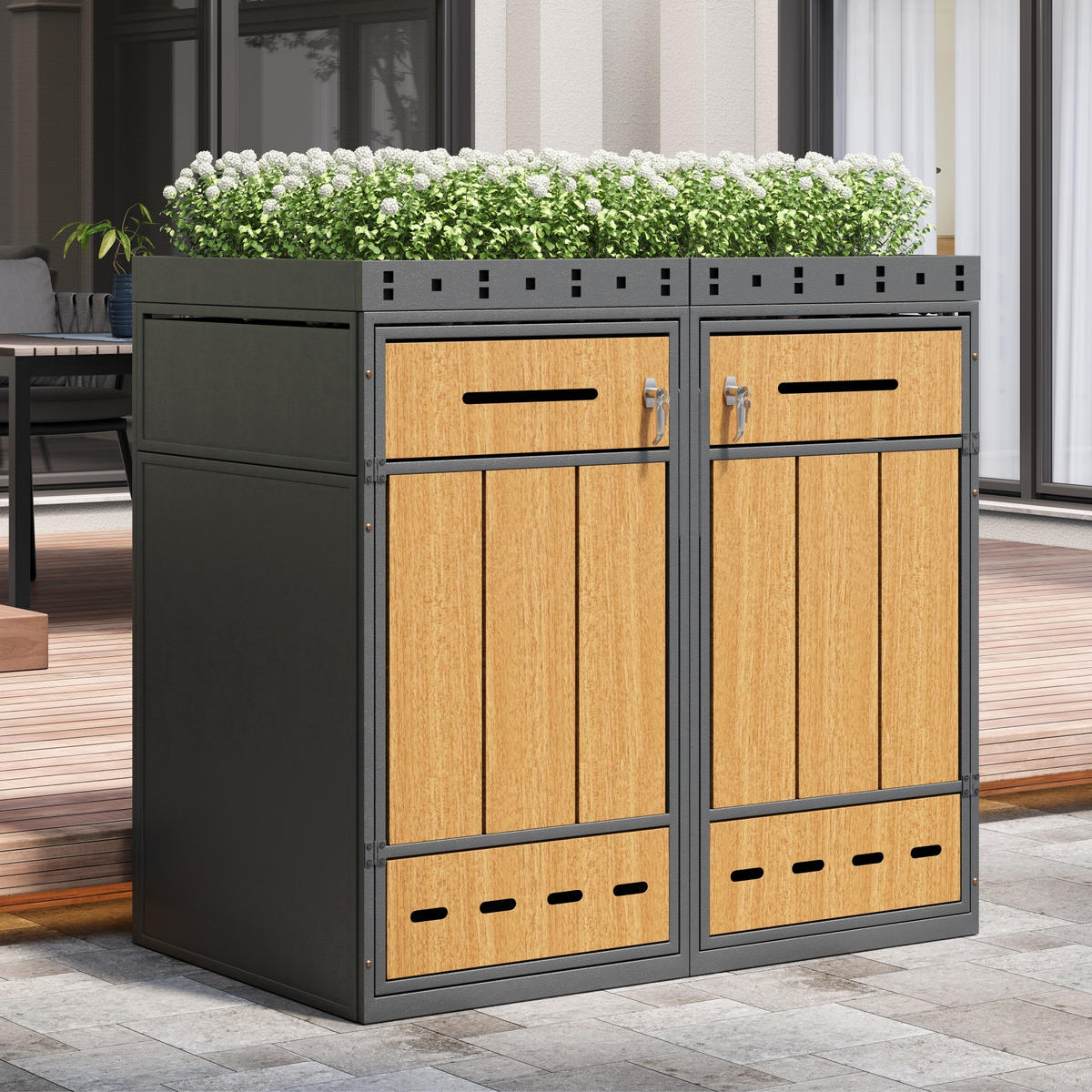 MÜLLTONNENBOX aus Stahl in Grau Holzoptik mit Pflanzdach & Abfalltrennung - Grau, Metall (132/124/80cm) - Modfu