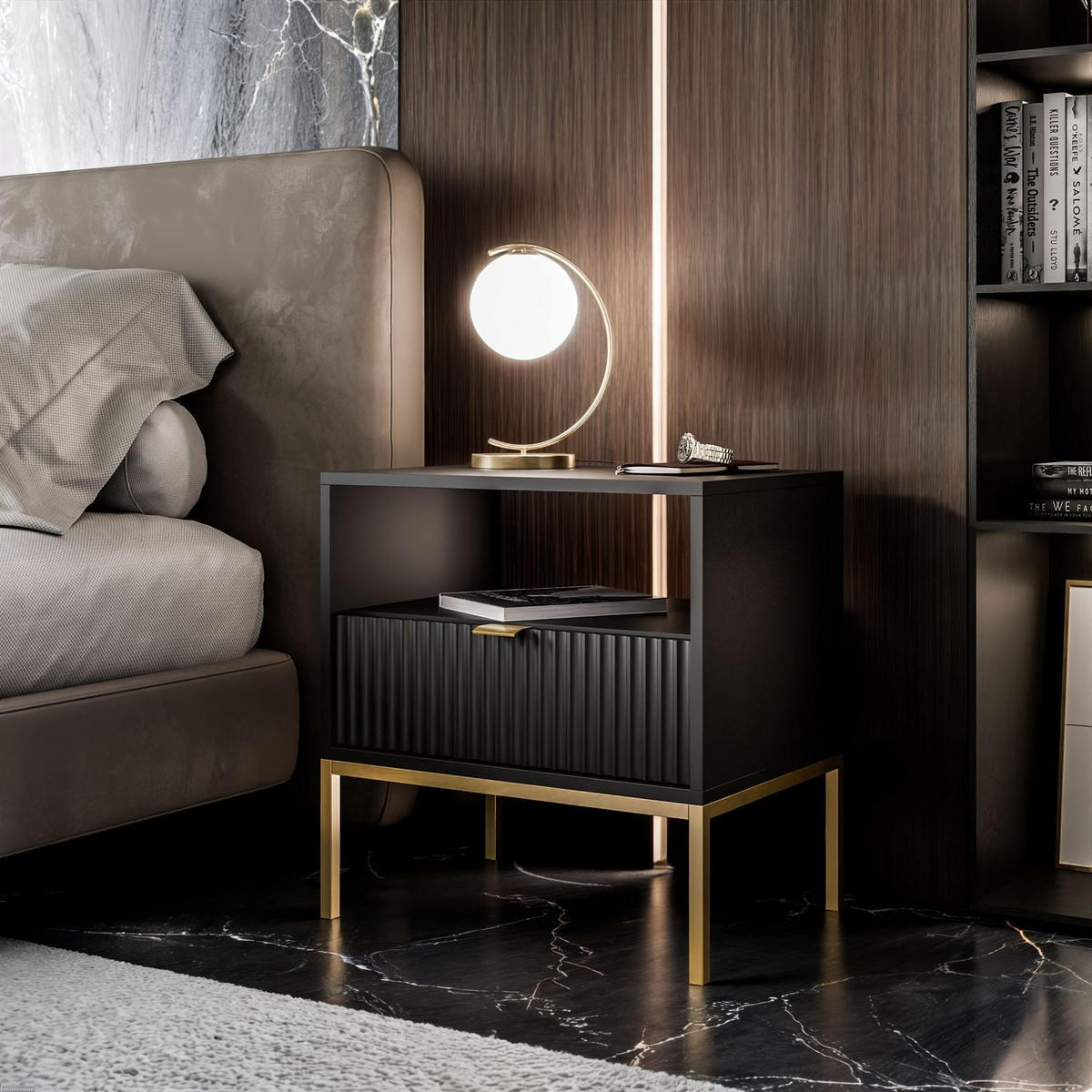 NACHTTISCH CORTADO GOLD S54 SCHWARZ - Schwarz, Holzwerkstoff (54/56/39cm) - Lookway