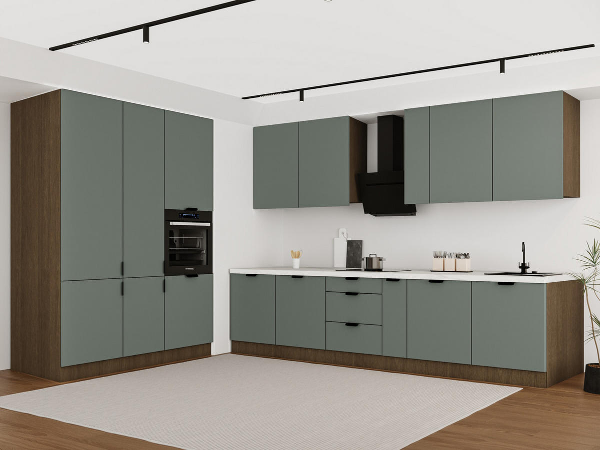 KÜCHENZEILE 320 x 160 cm - Sorento KS13-M320 - in Grün / Dunkle Eiche - Eichefarben/Schwarz, Holz/Metall (480/247/58cm)