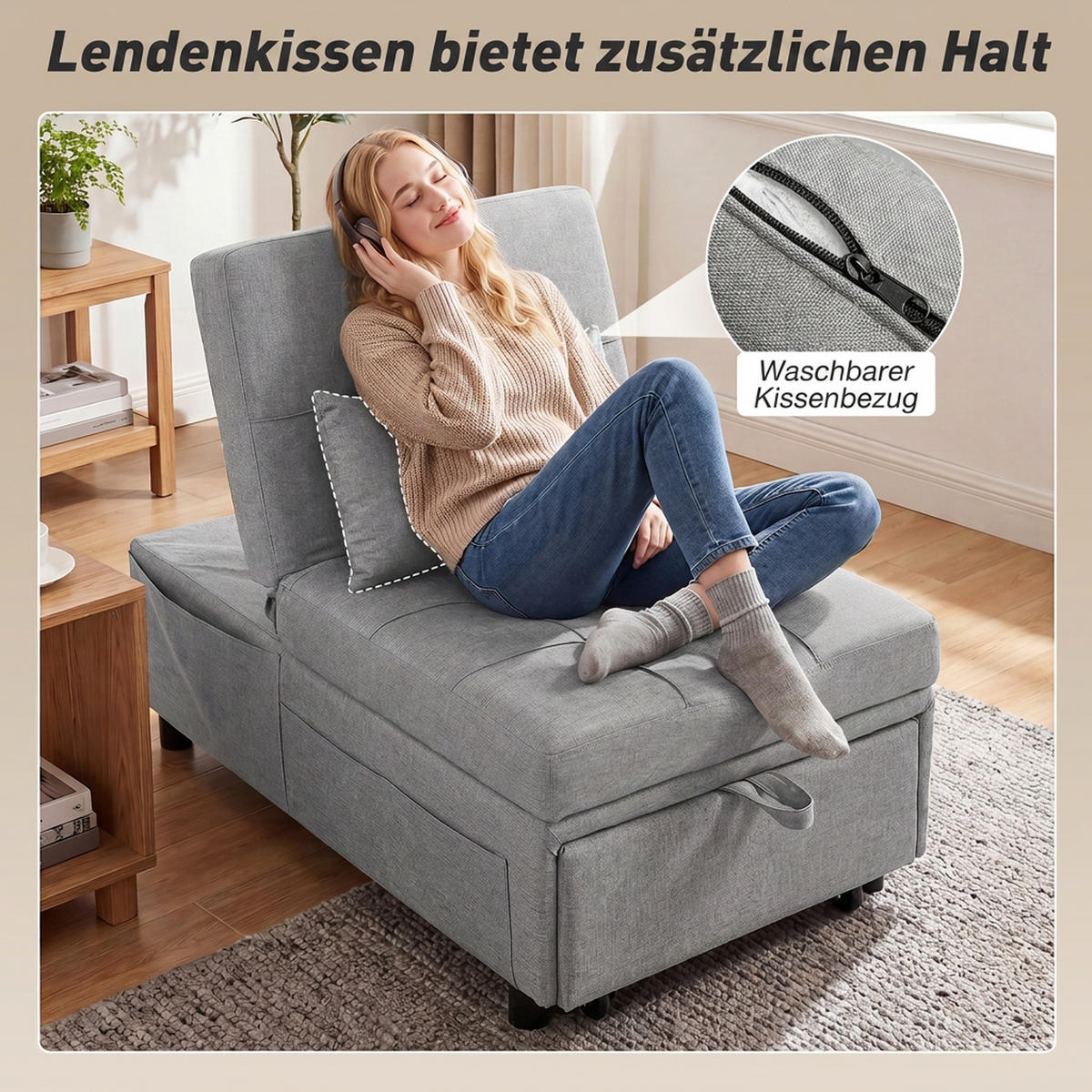 BÄDDFÅTÖLJ i linneimitation, 100 % polyester, ljusgrå - Svart/Ljusgrå, Textil/Plast (65.5/81/104cm) - HOMCOM