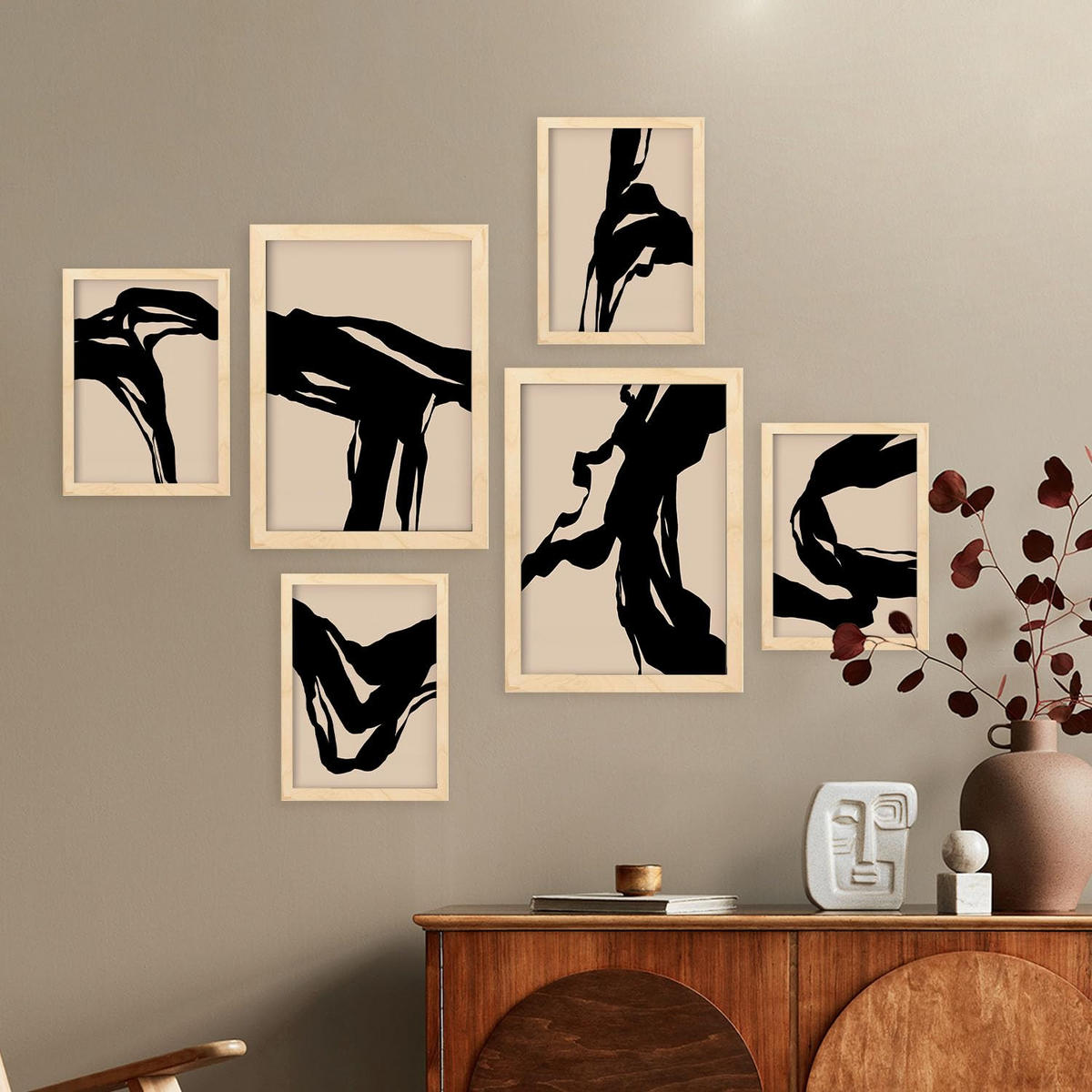 POSTER Set Mit 6 Zusammenfassungen In Form Ästhetische Dekorative Gemälde Für Ihr Wohnzimmer, Schlafzimmer Oder Zuhause A3 & A4 Rahmen Aus Hellem Holz - Beige, Papier (29/3cm) - Nacnic