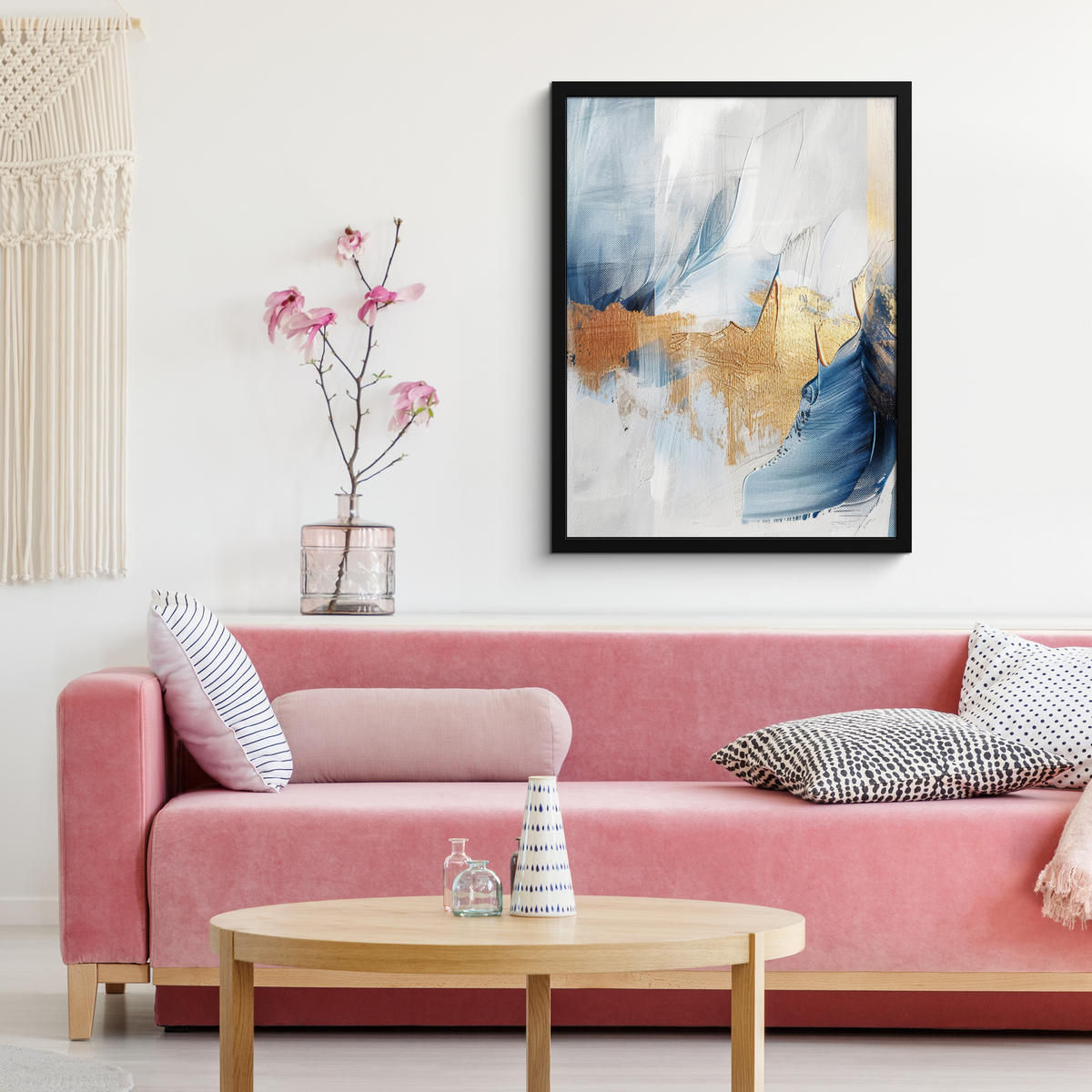 GERAHMTES BILD Gold - Blau - Aquarell - Kunst - Modern 60x80 cm - Hellblau, Papier (60/80cm) - MuchoWow