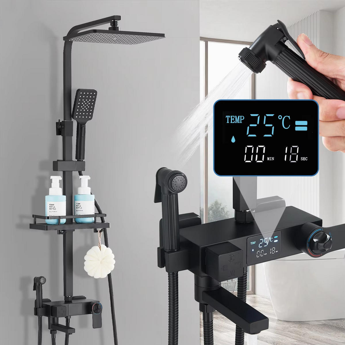ÜBERKOPFBRAUSESET Thermostat, Schwarz, mit Digitalanzeige und Duschenmischer - Schwarz, Metall (29/116/34cm) - Kaket