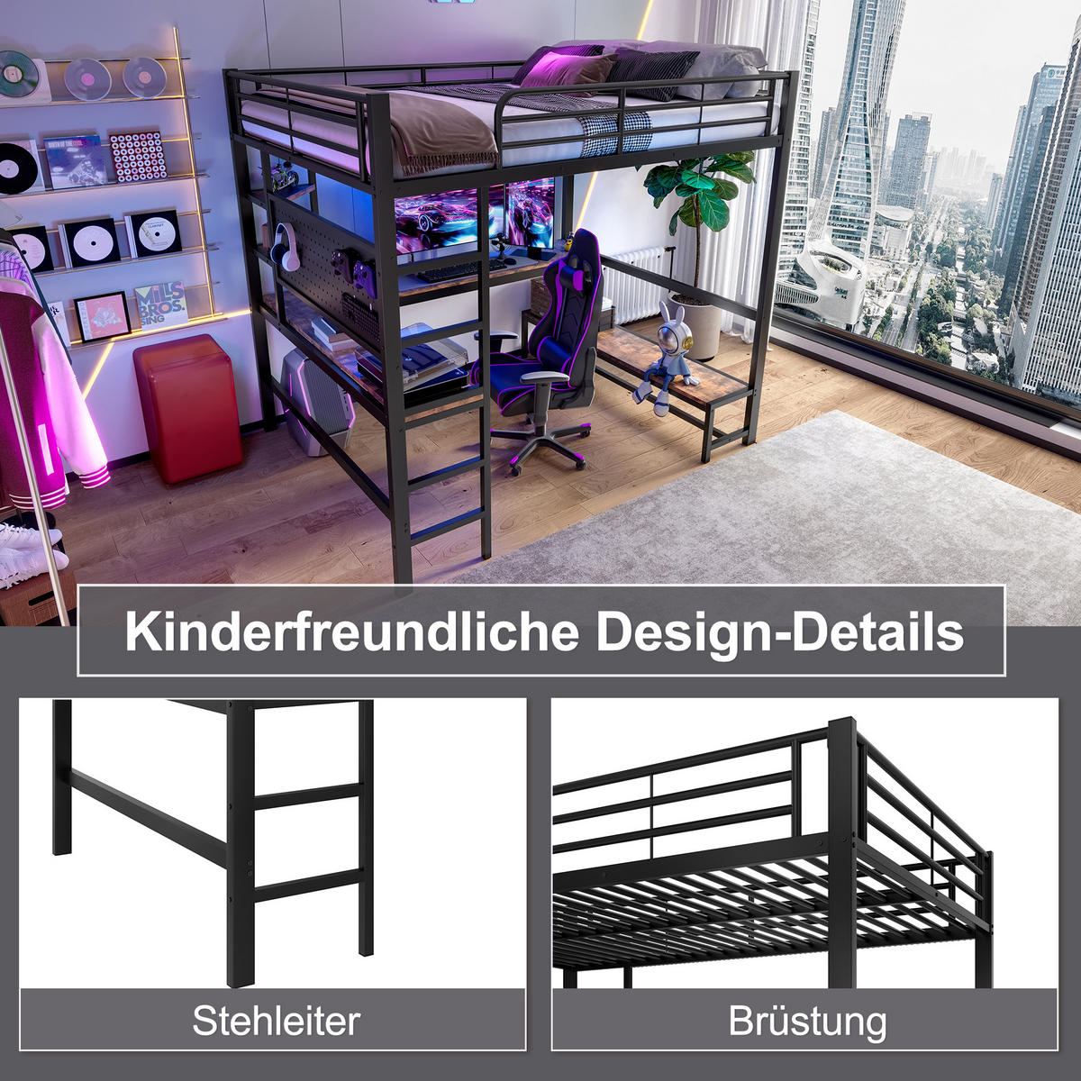 HOCHBETT 140/200 cm aus Metall/MDF mit Schreibtisch, LED-Leiste und USB-C-Anschluss Schwarz - Schwarz, Metall (140/200cm) - Modenvie