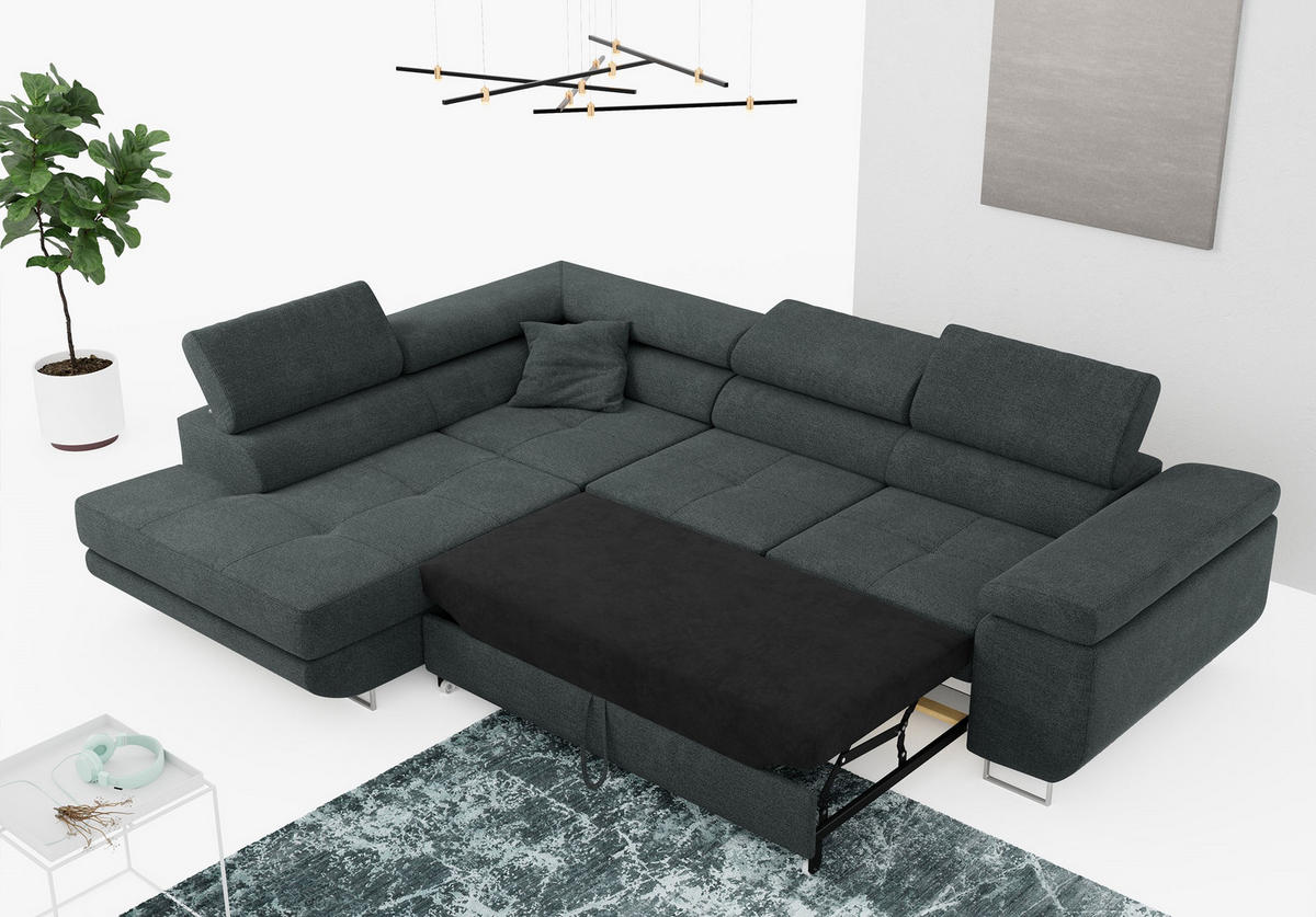 ROHOVÁ SEDAČKA GUSTAW L - Tmavě šedá Strukturovaná látka - Levá Strana - stříbrná/tmavě šedá, kov/textil (275/205cm) - MKS