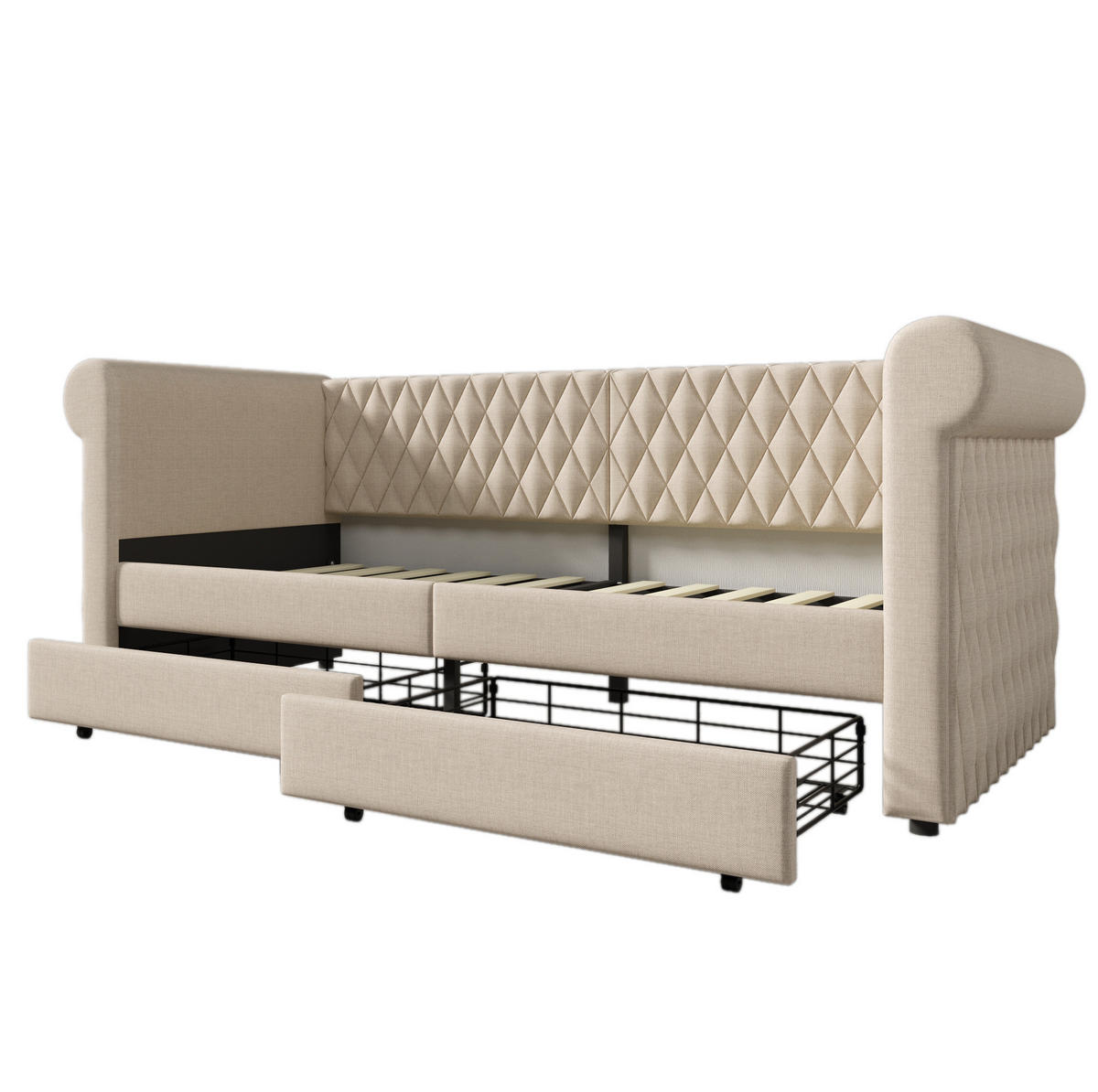 POLSTERBETT 90/200 cm Beige aus Leinen mit 2 Schubladen - Beige, Textil (90/200cm) - OKMYHOME