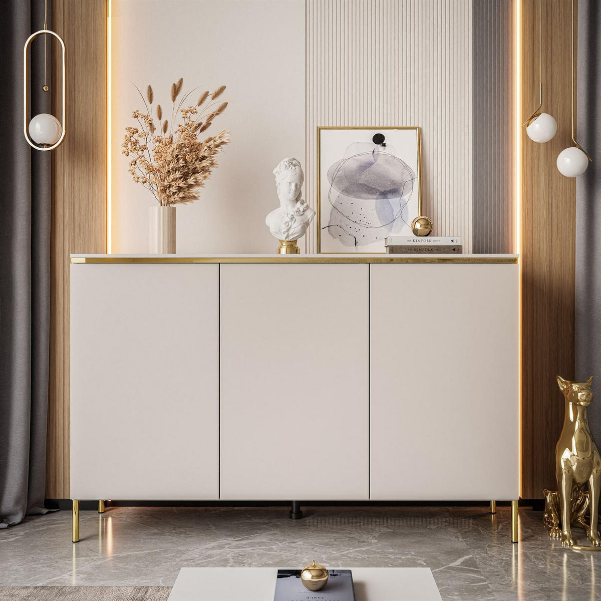 KOMMODE AURORA 3D Kaschmir mit gerade Goldchrom Fuße - Kaschmir/Goldfarben, Holzwerkstoff/Metall (140/91/40cm) - Lookway