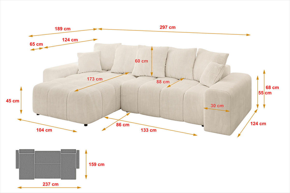ECKSOFA Ottomane links ENIL-L 297x189x68 Beige Cord - Beige, Holzwerkstoff/Kunststoff (297/189cm) - ALTDECOR