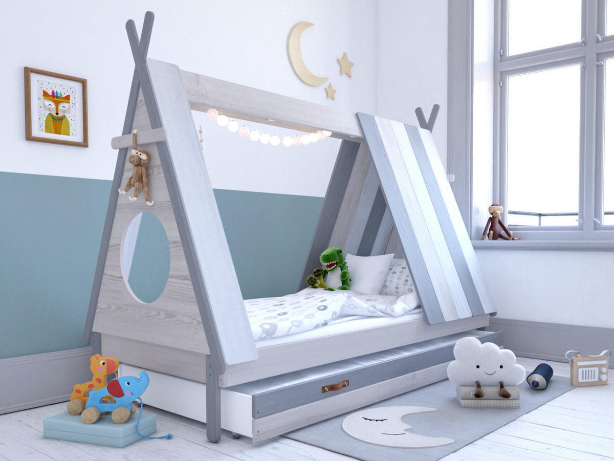 KINDERBETT Scroll in Form eines Zeltes, inkl. Lattenrost (ohne Schublade) - Grau, Holz (90/200cm) - TPFLiving