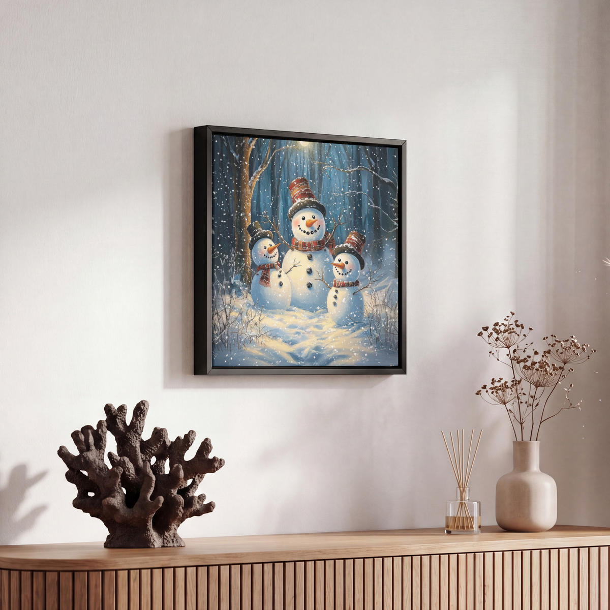 LEINWAND Bilder mit Rahmen - Schneemann - Schnee - Winter - Wald - 20x20 - Hellblau, Textil (20/20cm) - MuchoWow