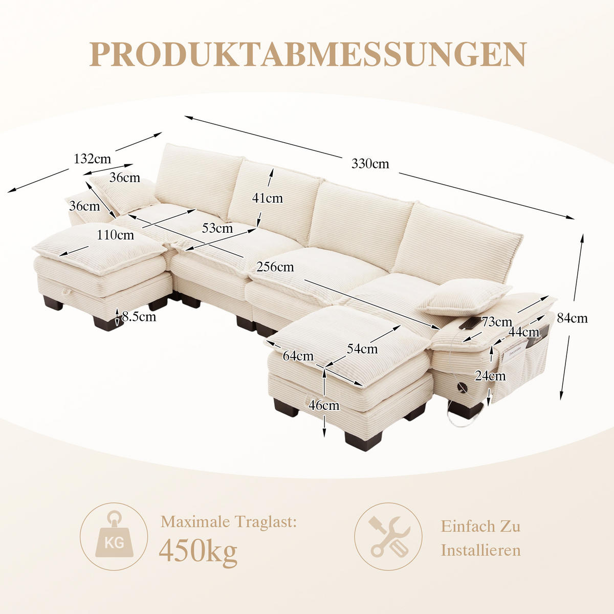 WOHNLANDSCHAFT Cord Beige mit USB-C, Seitentaschen und 2 Hockern - Beige, Holzwerkstoff/Kunststoff (330/84/132cm) - WISHDOR