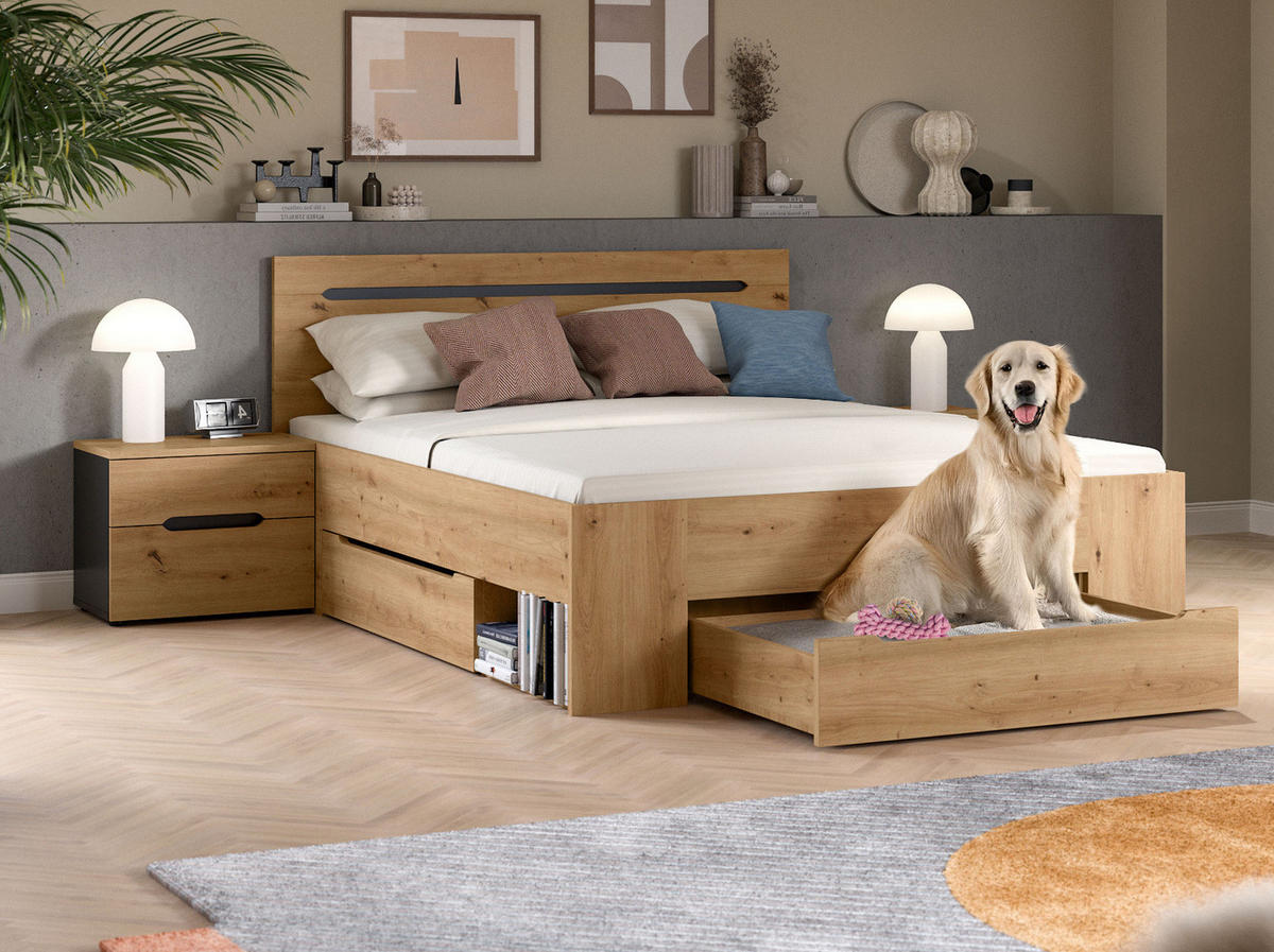 SCHLAFZIMMER Set 3-teilig Eiche Artisan, grau, Kombination mit Bett 140 x 200 cm und 2x Nachttisch - Eiche Artisan/Grau, Holzwerkstoff/Metall - Inn.Furn