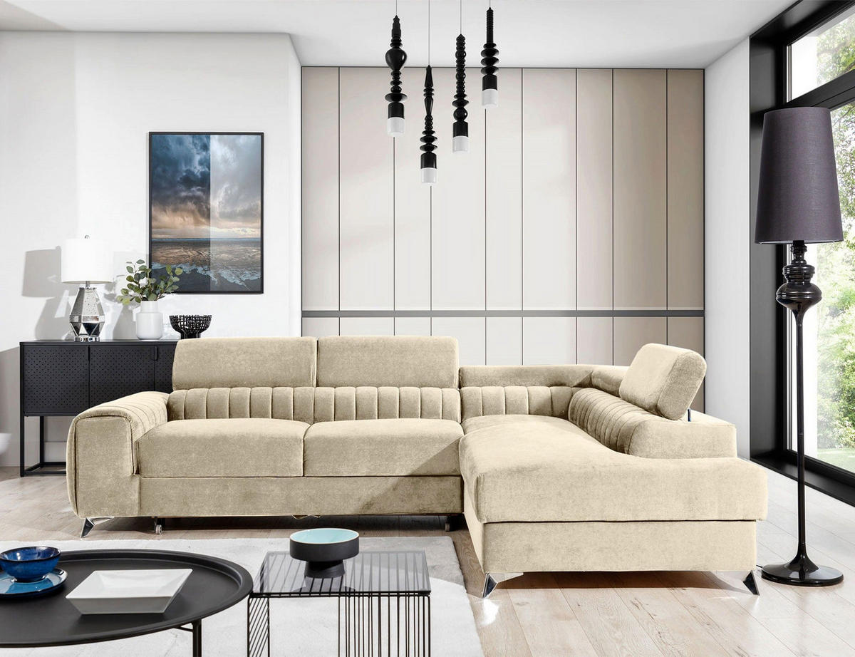 ECKSOFA Laurence mit Schlaffunktion & Bettkasten – 278 x 205 cm, verstellbare Kopfstützen - Beige, Kunststoff (278/205cm) - Wohnideebilder