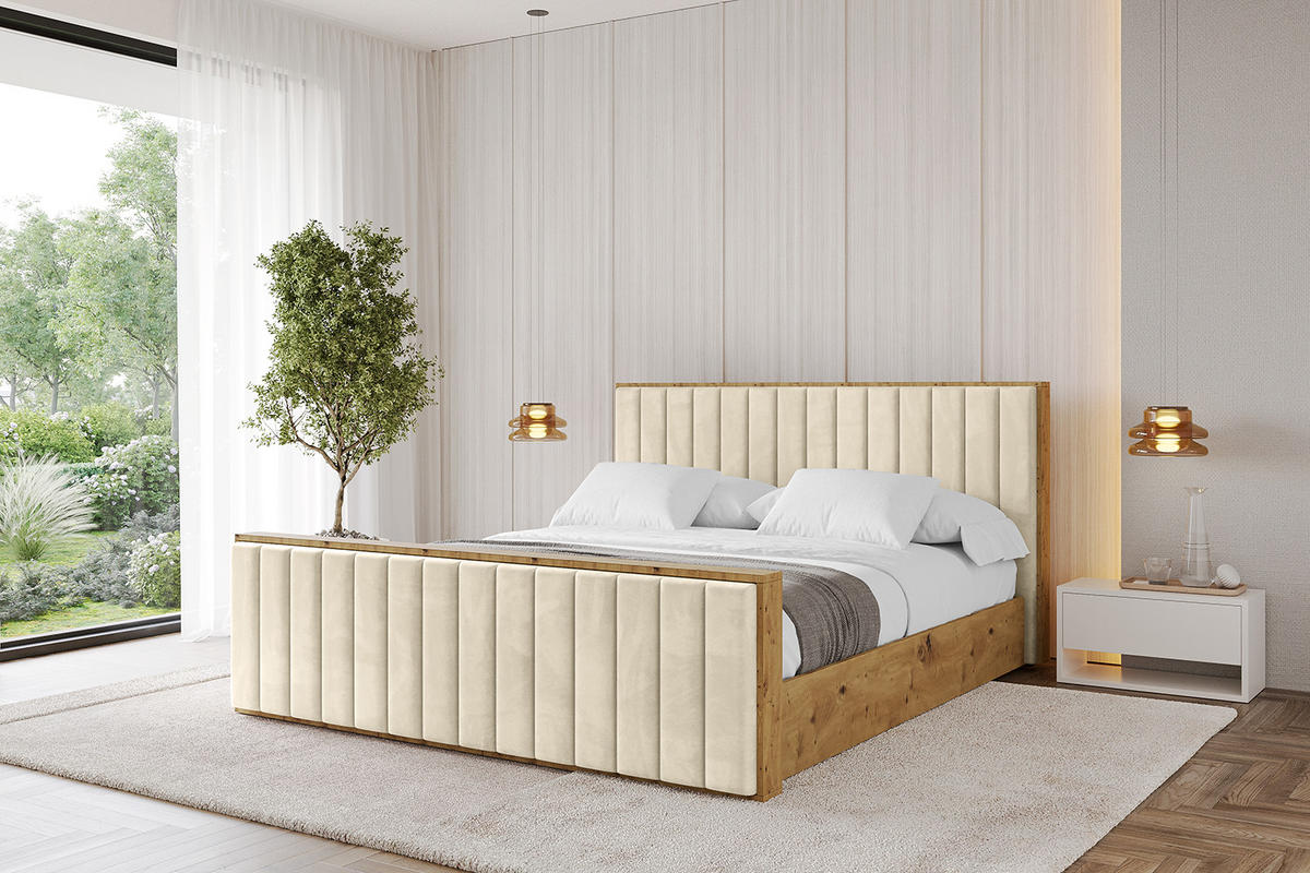 POLSTERBETT mit Bettkasten, Fußteil und Lattenrost, Boxbett mit Matratze H3/H4 - ENZO4-Z 120x200 Beige - Ecru, Holzwerkstoff/Textil (120/200cm) - ALTDECOR