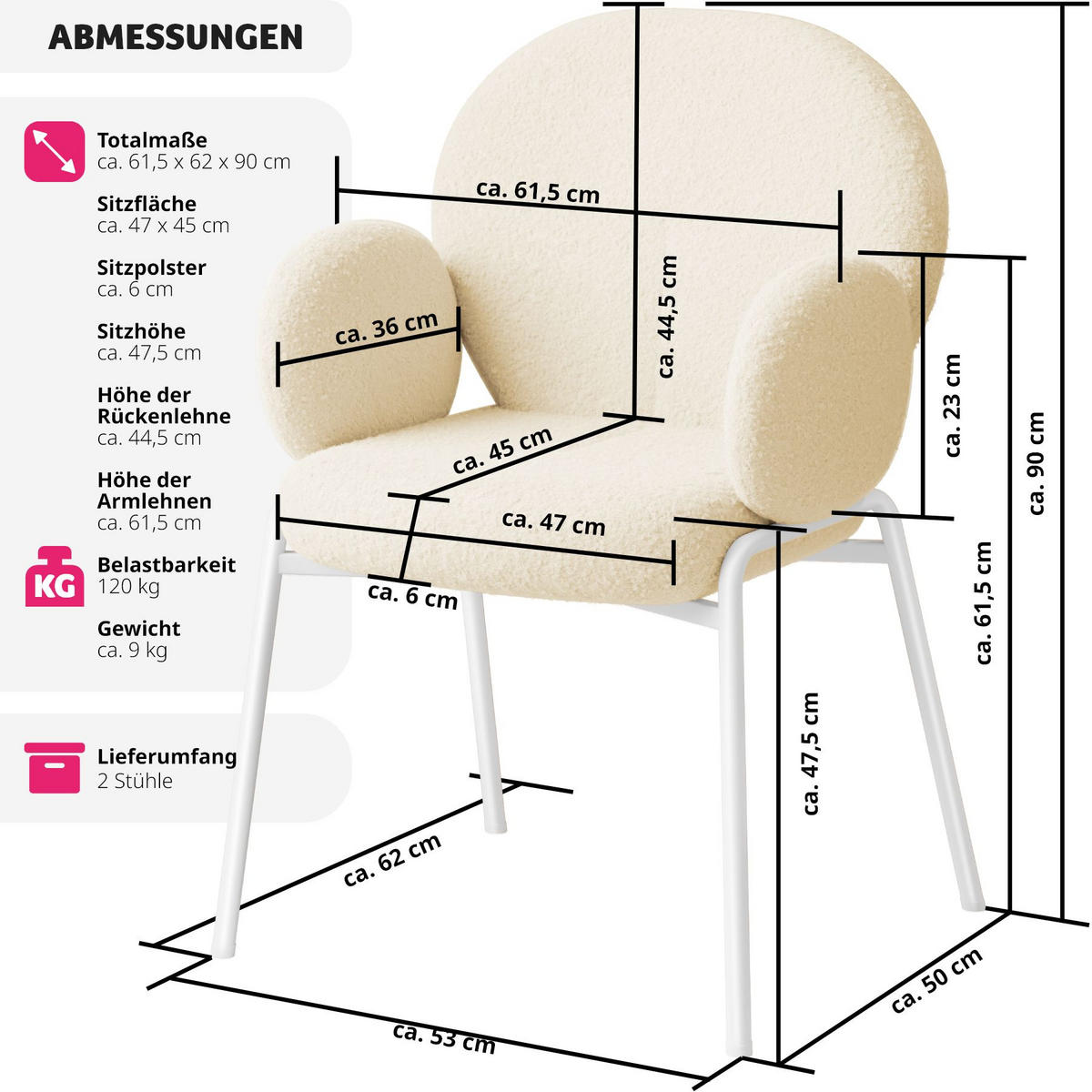STUHL 6er Set Scandi Belastbarkeit 120 kg 61 5 x 62 x 90 - Creme, Kunststoff (62/90/61.5cm) - tectake
