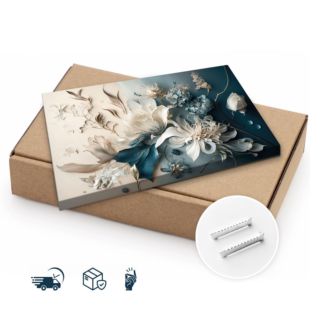 LEINWANDBILD Abstrakte Blumen Pflanzen 3D Effekt 120x80cm - Blau/Beige, Textil (120/80cm) - Muralo