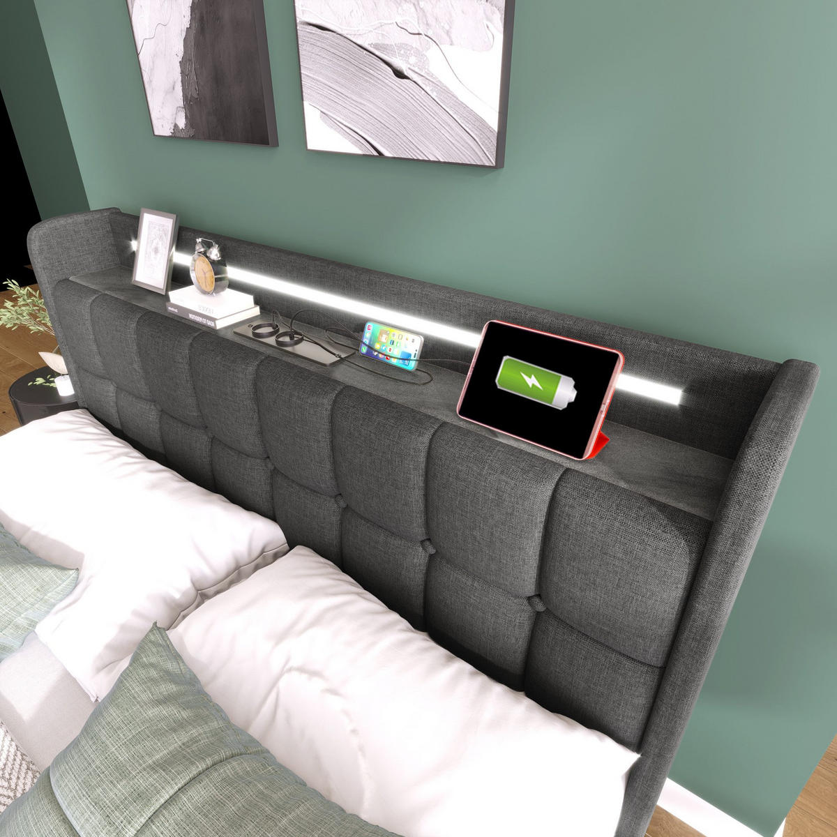 POLSTERBETT mit USB-Ladefunktion, Kopfteil und LED-Beleuchtung - Grau, Textil (180/200cm)