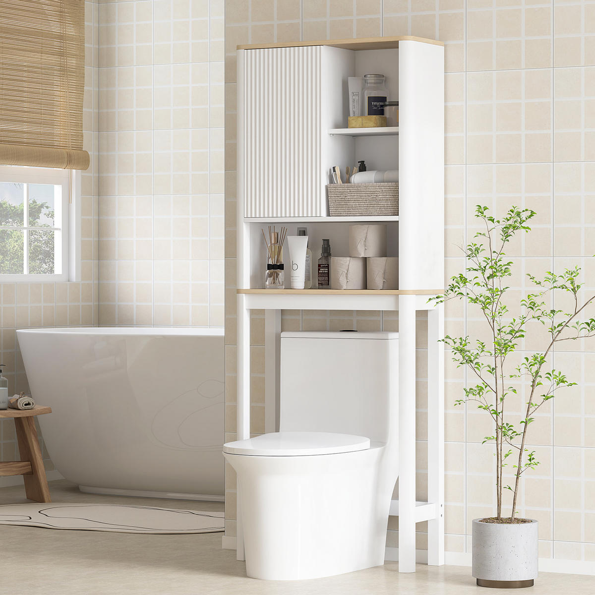 BADEZIMMERREGAL DE-15920 mit gerillter Tür Weiß - Weiß, Holzwerkstoff (25/170/65cm) - ComfortXL
