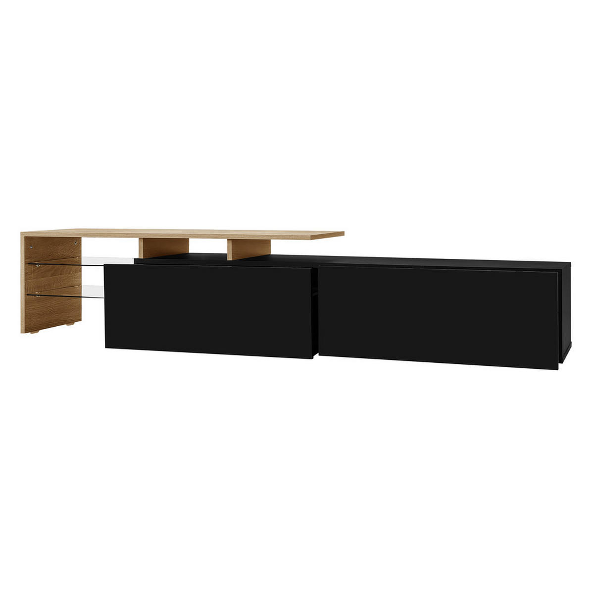 TV-SCHRANK Modern Hochglanzschwarz Holzoptik Glasböden LED-Beleuchtung - Schwarz, Holz (42.19/18.42/143cm) - FLIEKS