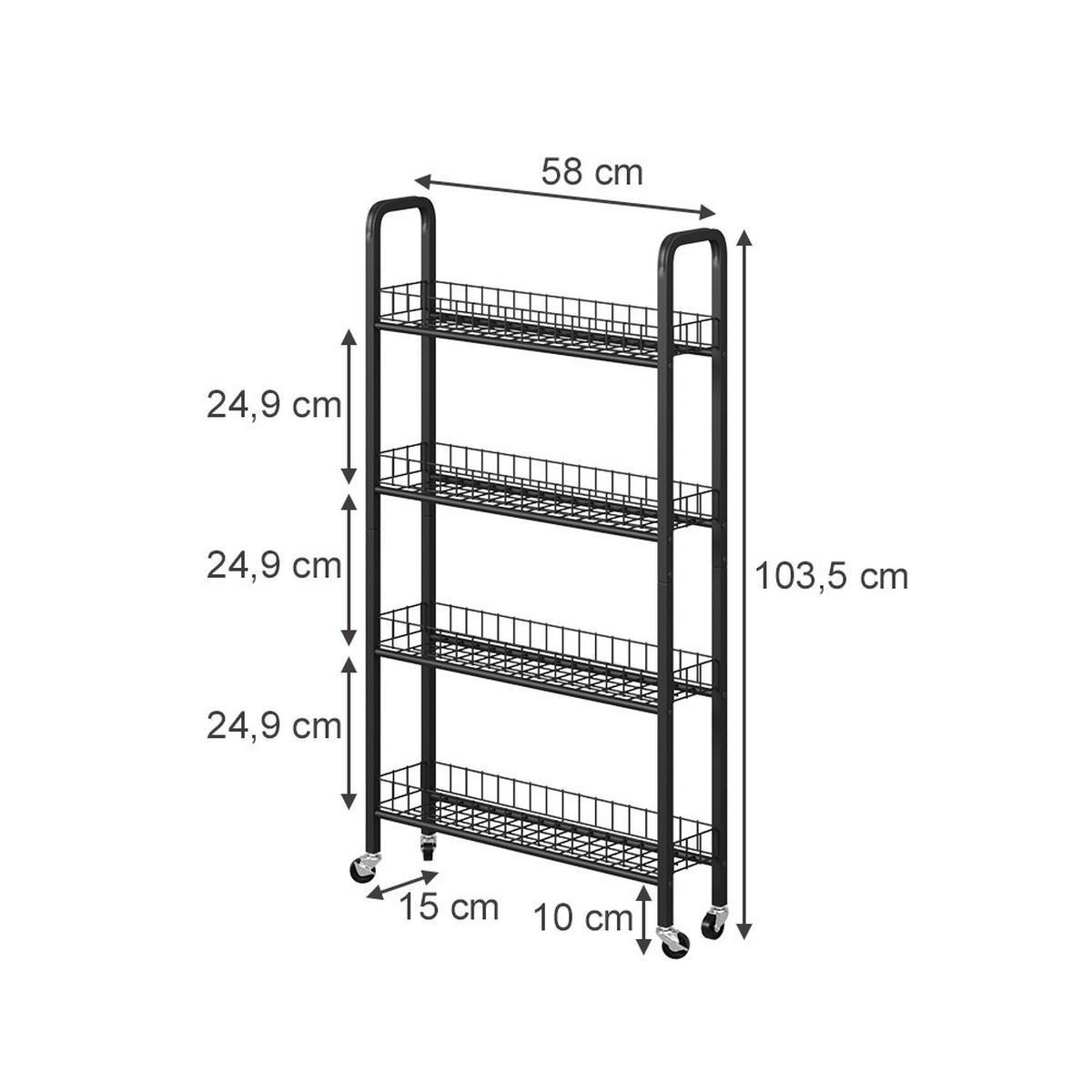 ROLLREGAL Rolivo Schwarz 58 x 15 cm mit 4 Fächern - Schwarz, Metall (58/103.5/15cm) - Vicco