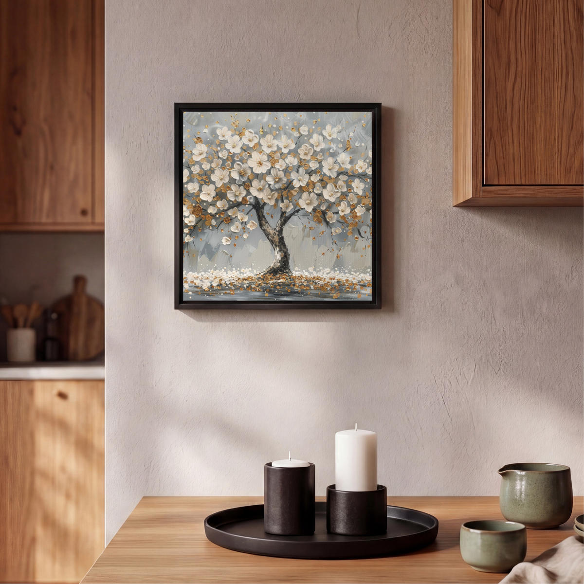 LEINWAND Bilder mit Rahmen - Baum - Blumen - Weiß - Natur - Kunst - 20x20 - Weiß, Textil (20/20cm) - MuchoWow