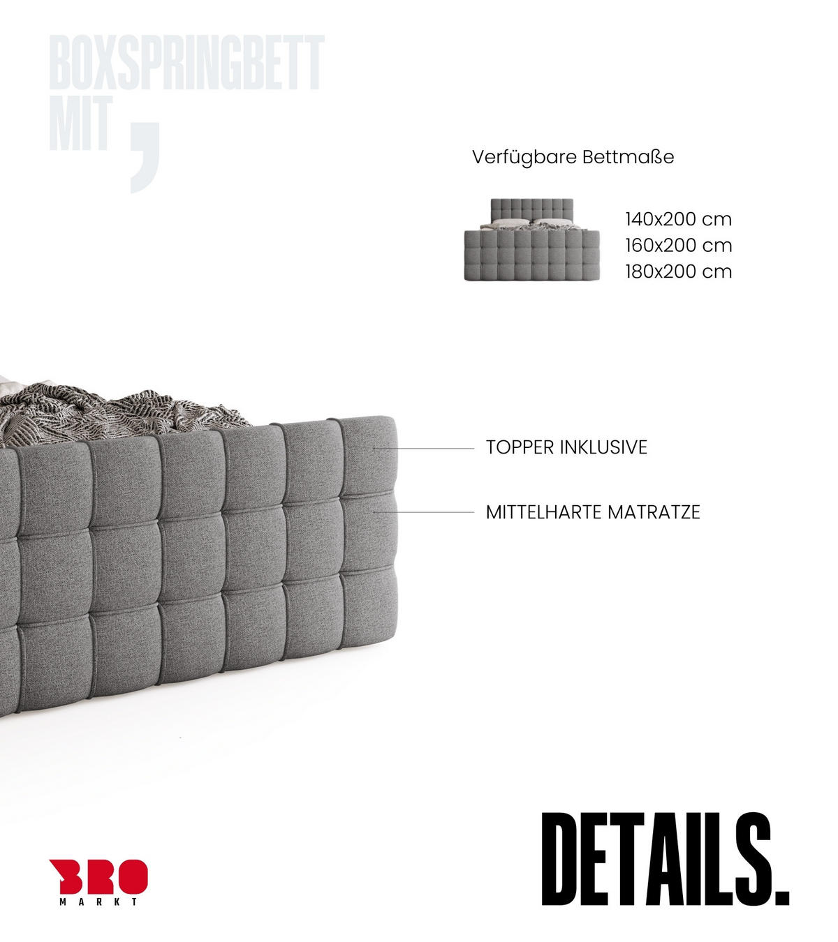 BOXBETT Detroit Duo mit Topper 160/200 Hellgrau - Hellgrau, Textil (160/200cm) - Bromarkt