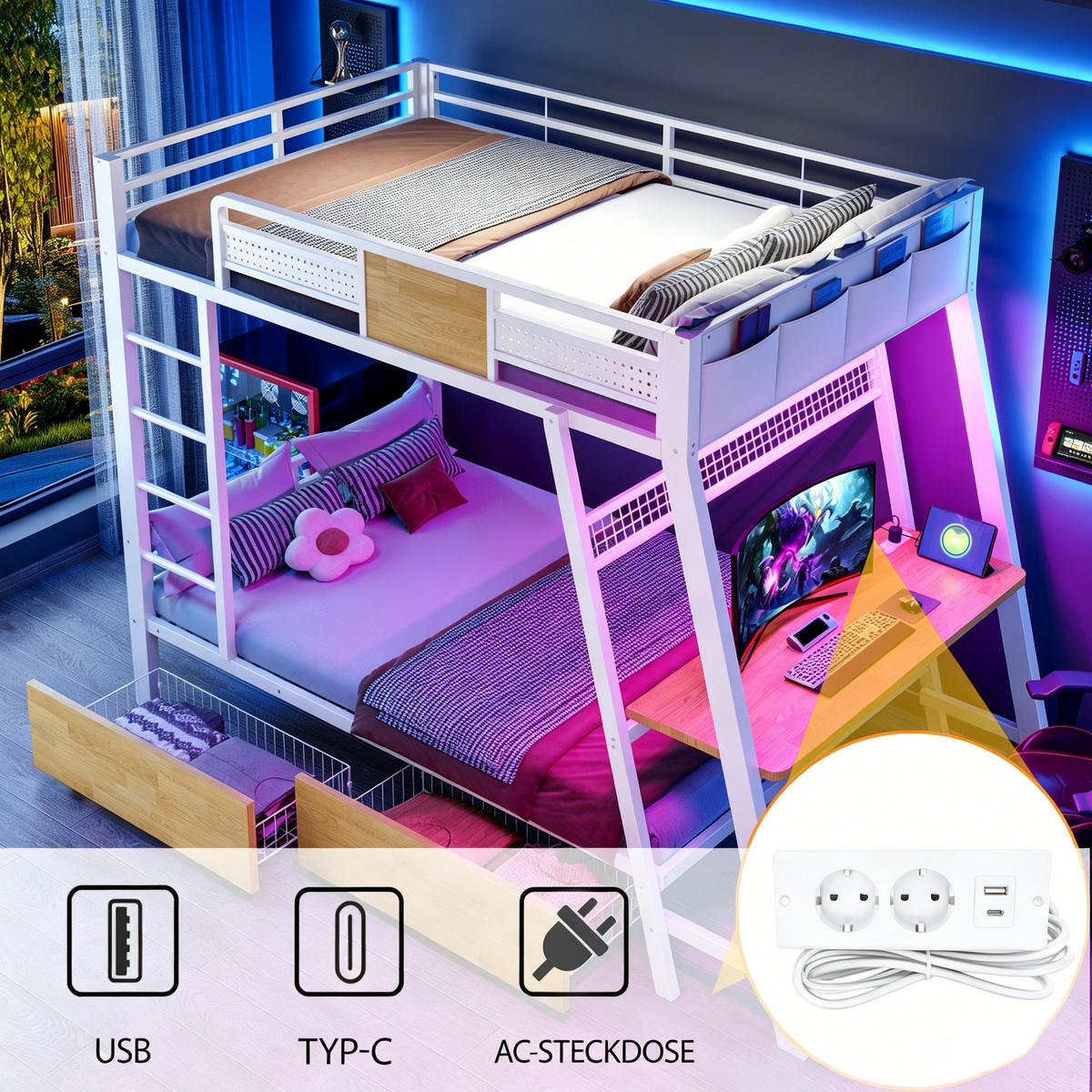 ETAGENBETT 90x200cm Metall Schreibtisch LED USB Weiß - Weiß, Metall (90/200cm) - FLIEKS