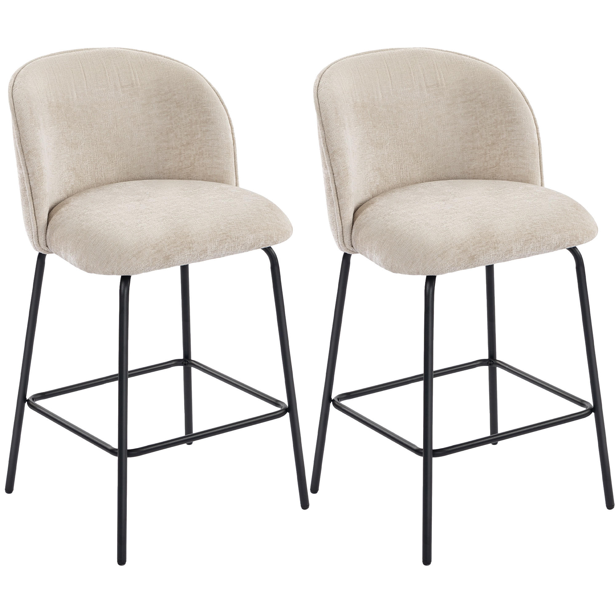 BARHOCKER 2er Set Barstuhl mit Fußstütze, Lehne, Sitzhöhe 68 cm, Beige - Beige/Schwarz, Textil (50/93/55cm) - HOMCOM