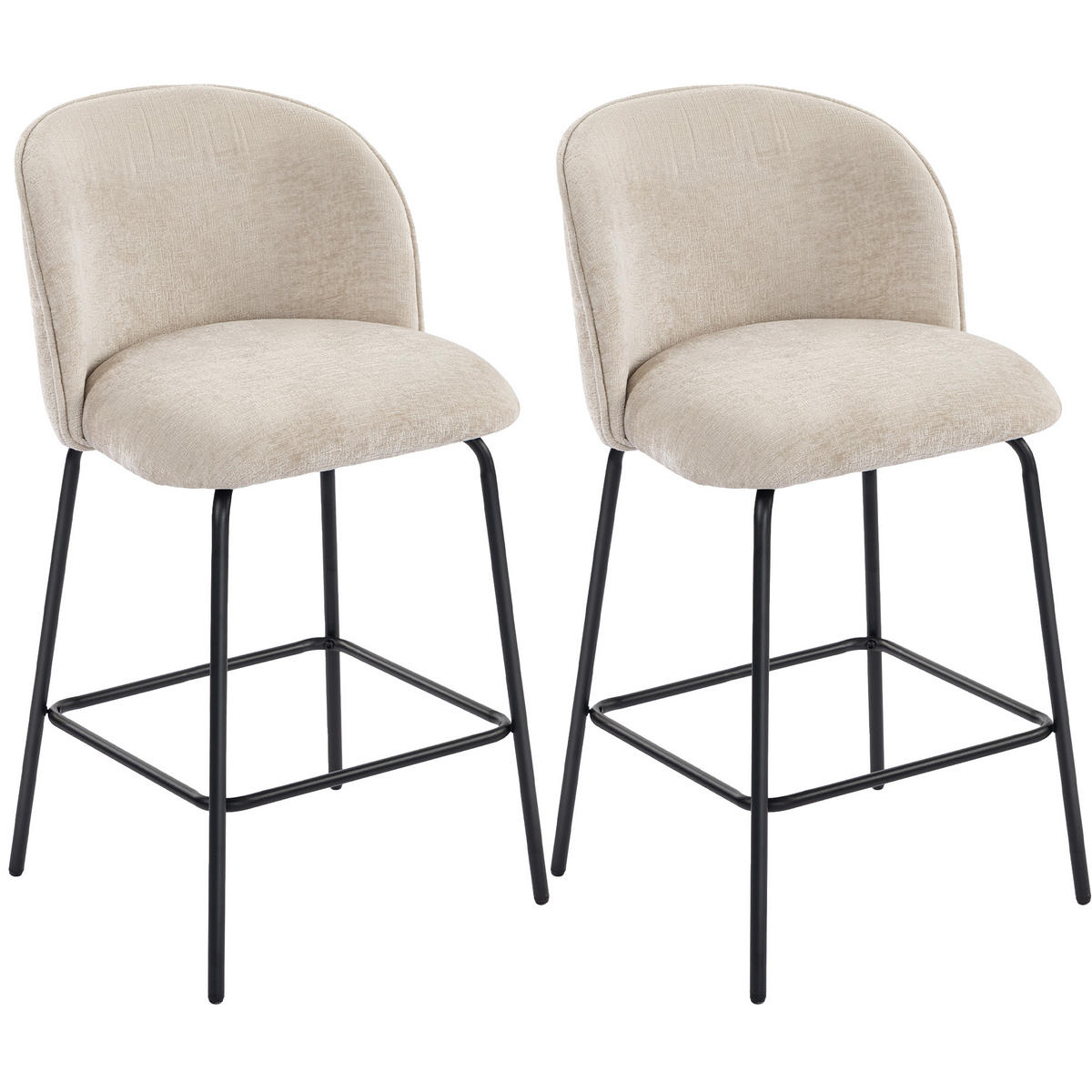 BARHOCKER 2er Set Barstuhl mit Fußstütze, Lehne, Sitzhöhe 68 cm, Beige - Beige/Schwarz, Textil (50/93/55cm) - HOMCOM