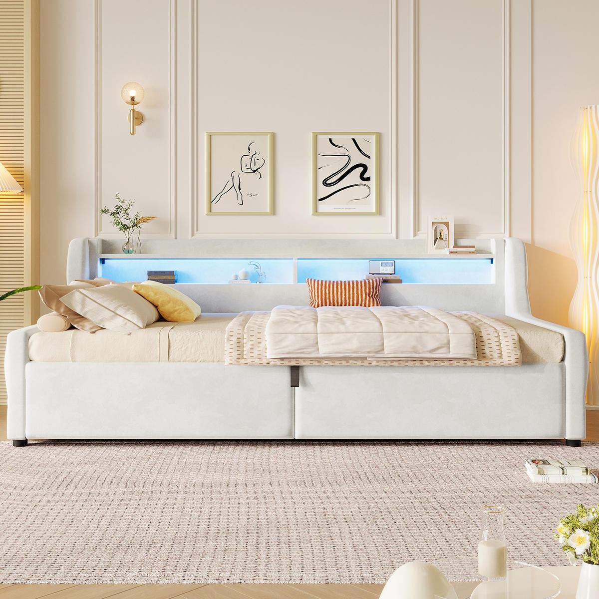 BETT mit Stauraum und LED 90x200 cm Off White - Weiß, Metall (90/200cm) - Meubliv