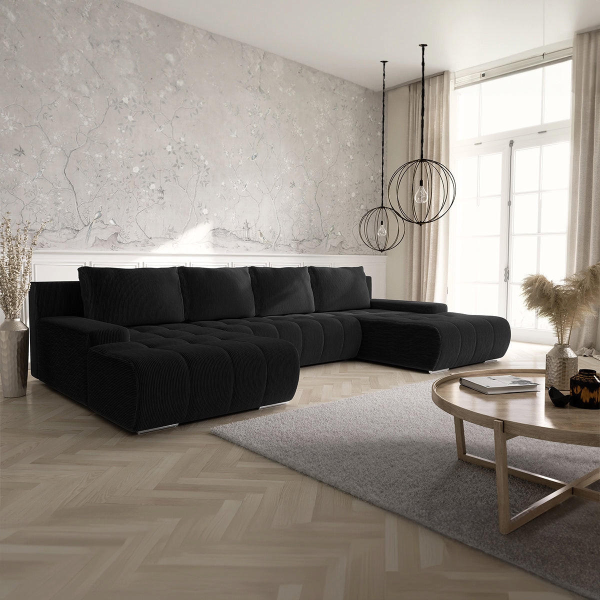 PANORAMASOFA Jonas 5 Sitzplätze Schwarz - Schwarz, Holz (350/85/185cm) - Petits-meubles