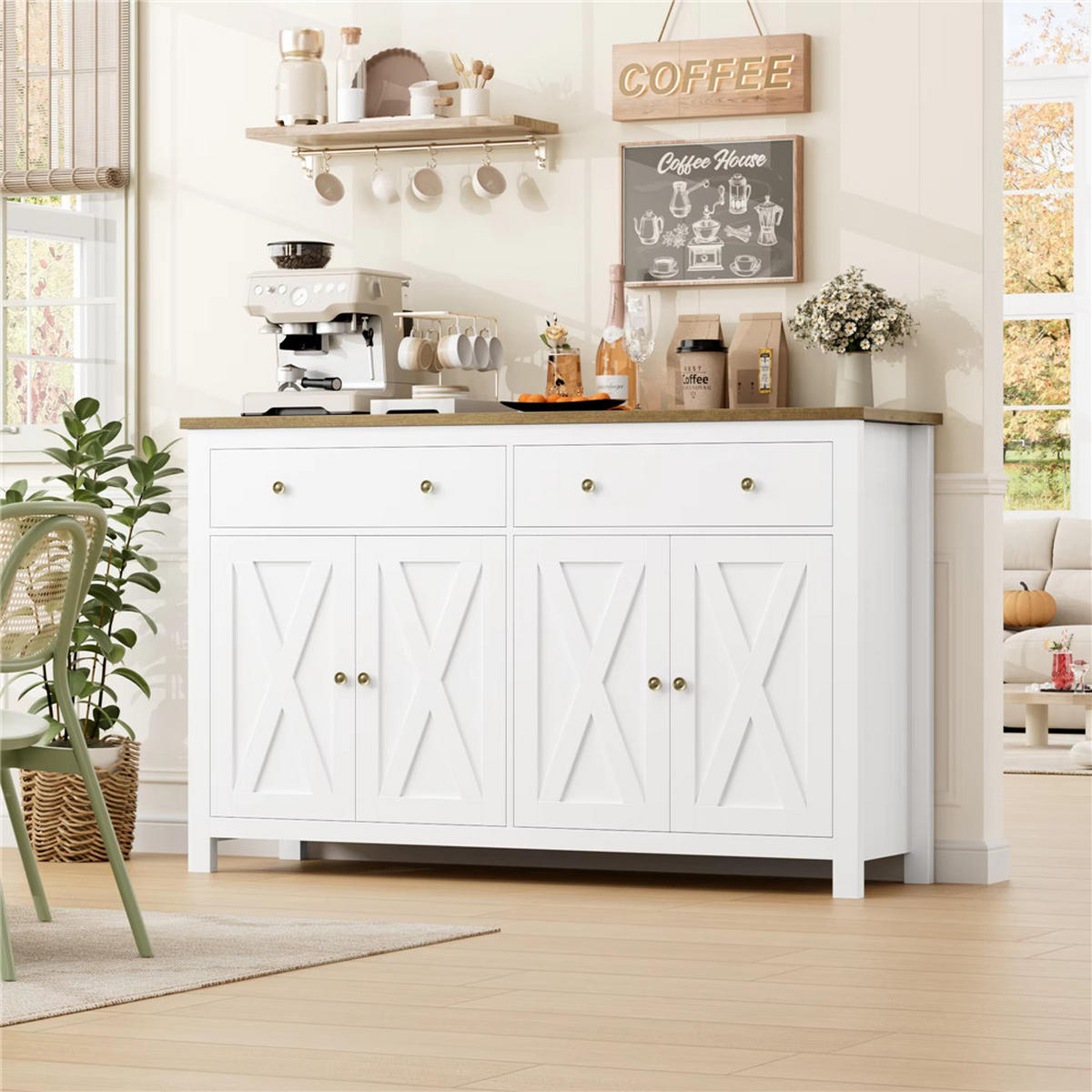 SIDEBOARD 140x89x40 cm Küchenschrank 2 Schubladen Weiß - Weiß, Holz (140/89/40cm) - Kaket