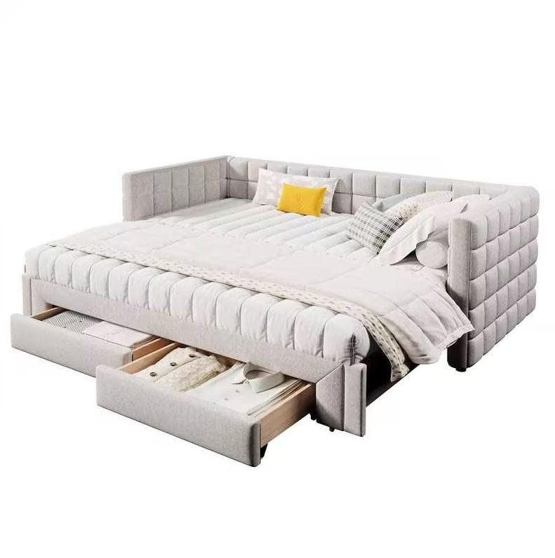 DENNÁ posteľ 90/200 cm béžová zo zamatu s výsuvným lôžkom a 2 zásuvkami - béžová, textil (90/200cm) - OKWISH