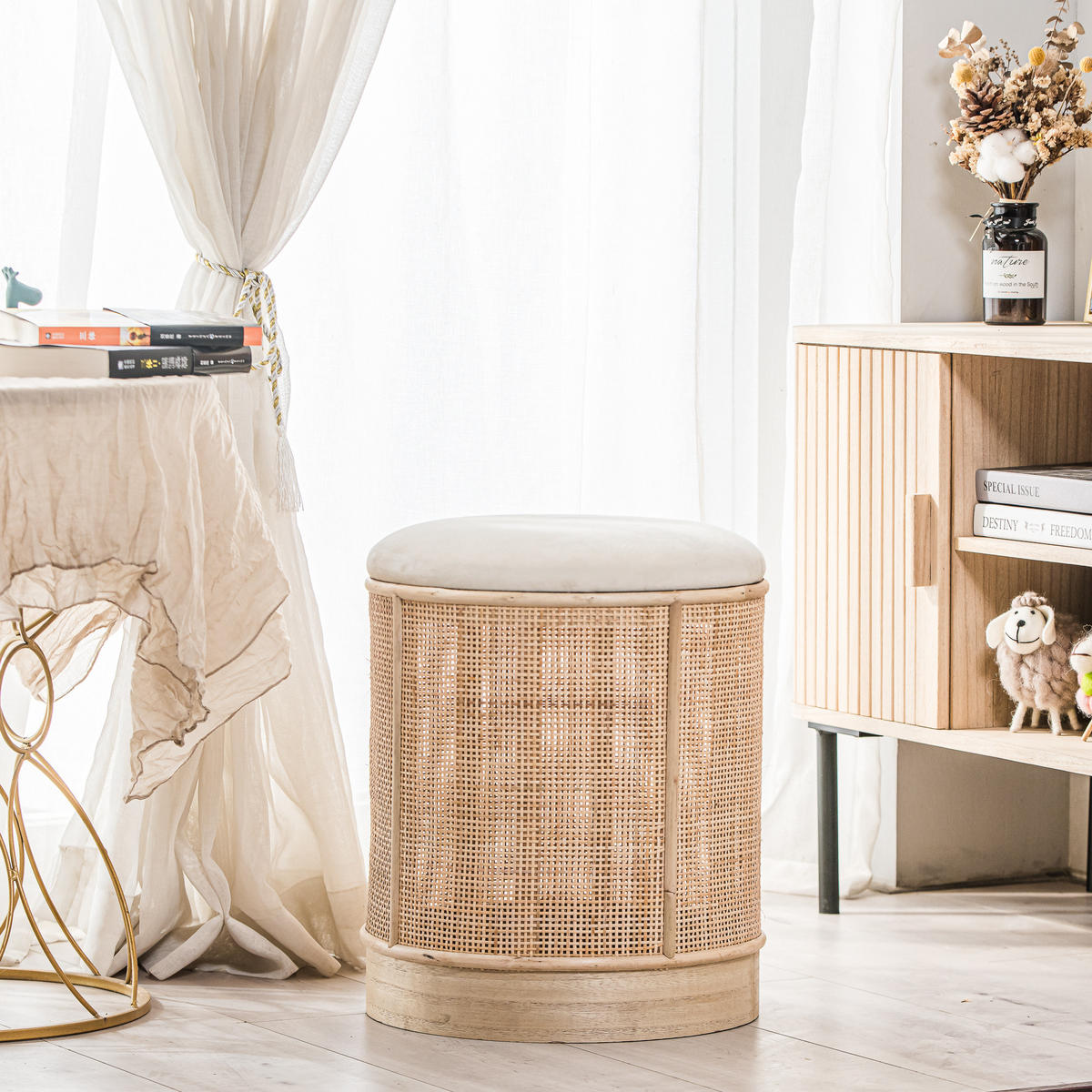 POUF Rattan Beige - Beige, Holz (35/44/35cm) - Nordlys
