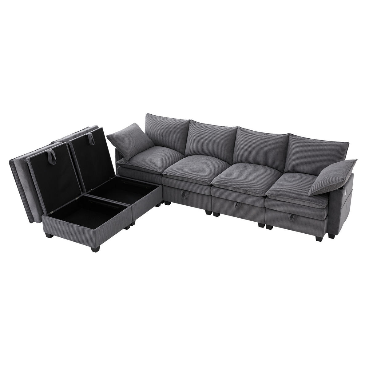 WOHNLANDSCHAFT aus Cord 280x151x82 cm Grau mit USB-Anschlüssen, Stauraum, Getränkehaltern und 2 Fußhockern - Grau, Textil (151/82/280cm) - Modfu