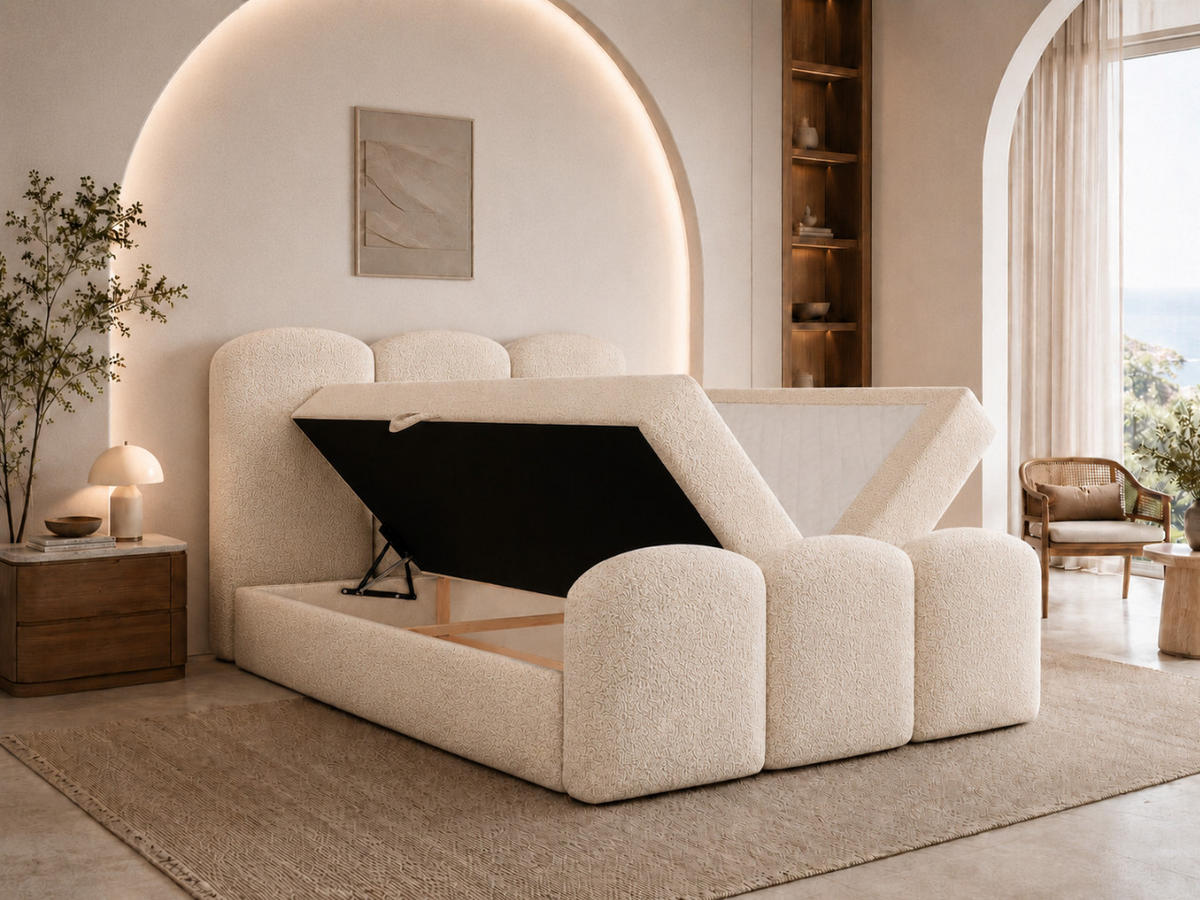 BOXBETT ROYAL 200x200 cm in Creme, Bettkasten, Topper, Bouclé-Stoff - Ecru, Holz/Textil (200/200cm) - EMLAR Home