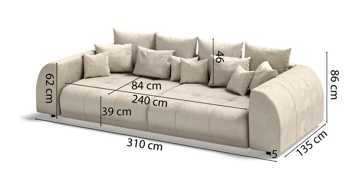 BIGSOFA Levana 5 Sitzer Beige Cord-Stoff - Beige/Schwarz, Holz/Kunststoff (310/86/135cm) - S-Style Möbel