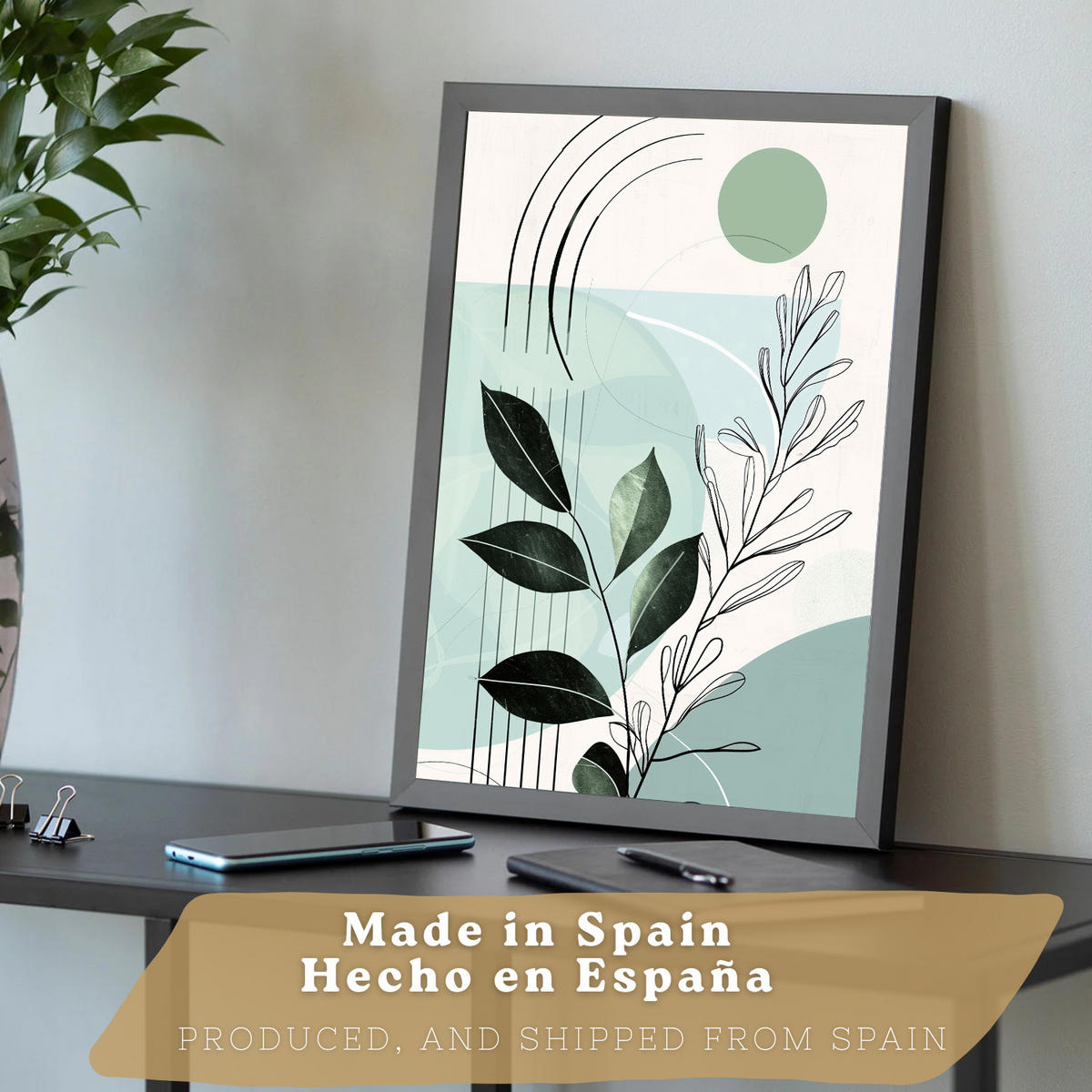 PLAKAT Sada 3 dekorativních nástěnných tisků, zelené rostliny, pro moderní dekoraci obývacího pokoje Černý rám A3 - černá, papír (29.7/42/3cm) - Nacnic