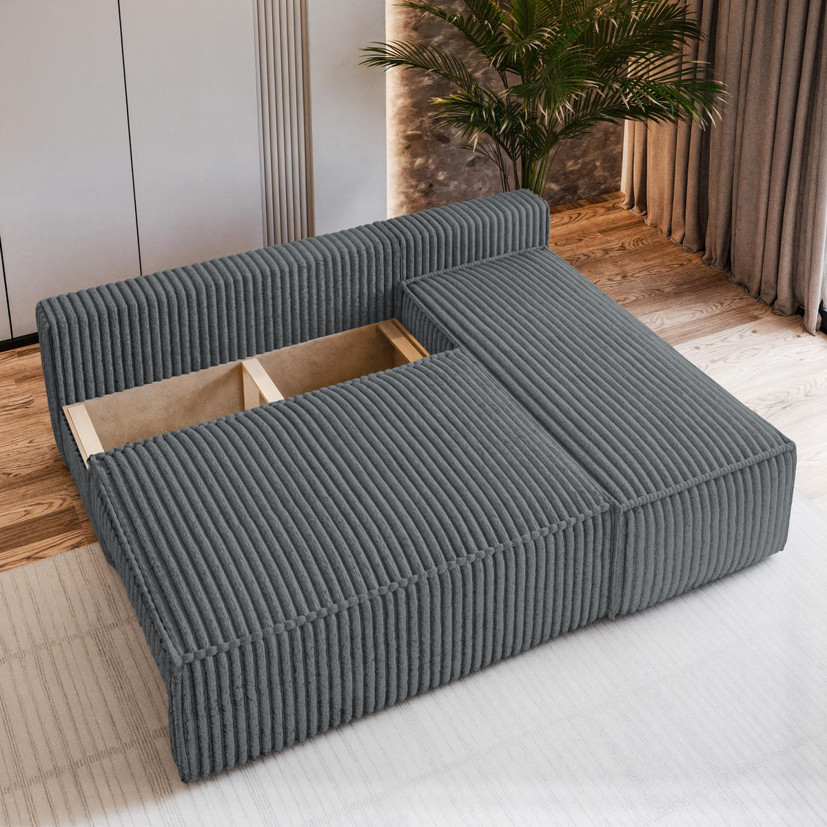 ECKSOFA BRISO T Grau Kordstoff mit Schlaffunktion - Dunkelgrau, Holz (200/140cm) - MASSENO
