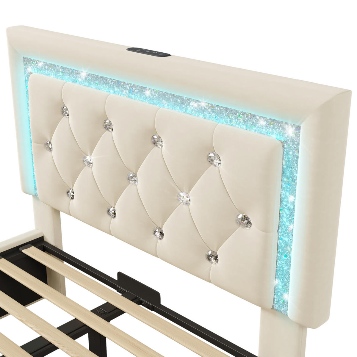 POLSTERBETT aus Samt 90x200 cm in Beige mit LED & Matratze - Beige, Textil (90/200cm) - Modfu
