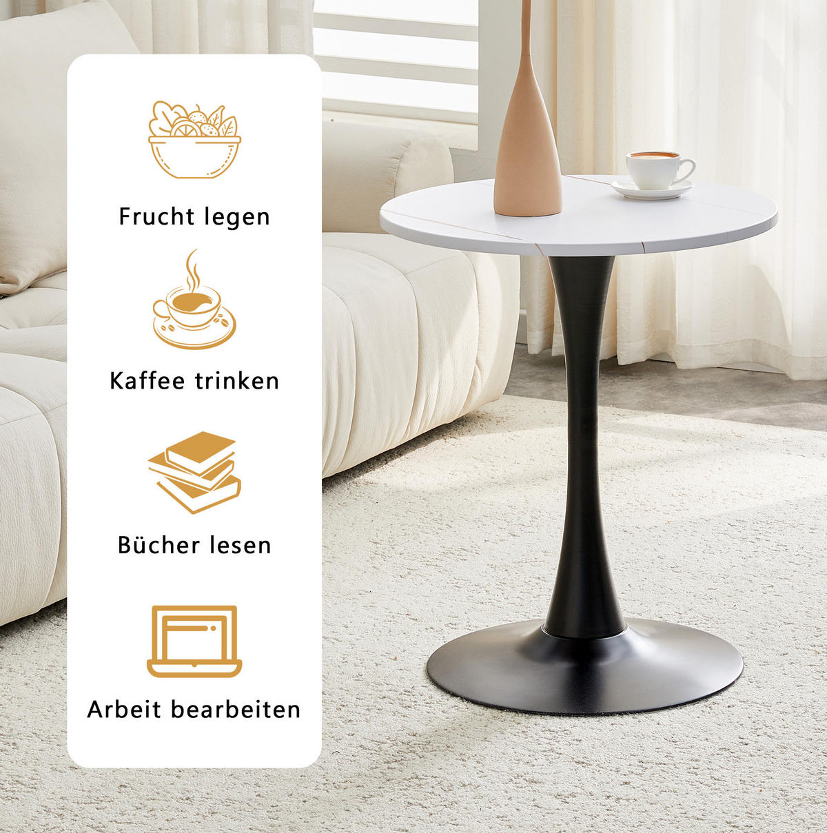 BEISTELLTISCH rund 60/60/72 cm Weiß Schwarz aus MDF Metall mit thermoformierter Tischplatte - Weiß, Holzwerkstoff (60/60/72cm) - OKWISH