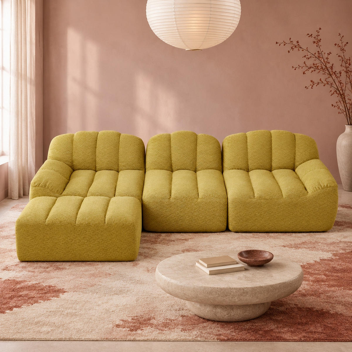 ECKSOFA mit Bezug aus granuliertem Fleece in Gelb 288x165x79 cm, modularer 3-Sitzer mit Ottomane - Gelb, Textil (165/288cm) - IVMEU