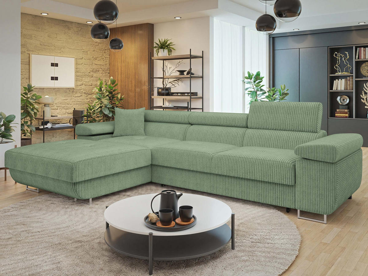 ECKSOFA Torezio Mini Cord, Seite: Links - Hellgrün, Holz/Textil (280/170cm) - MIRJAN24