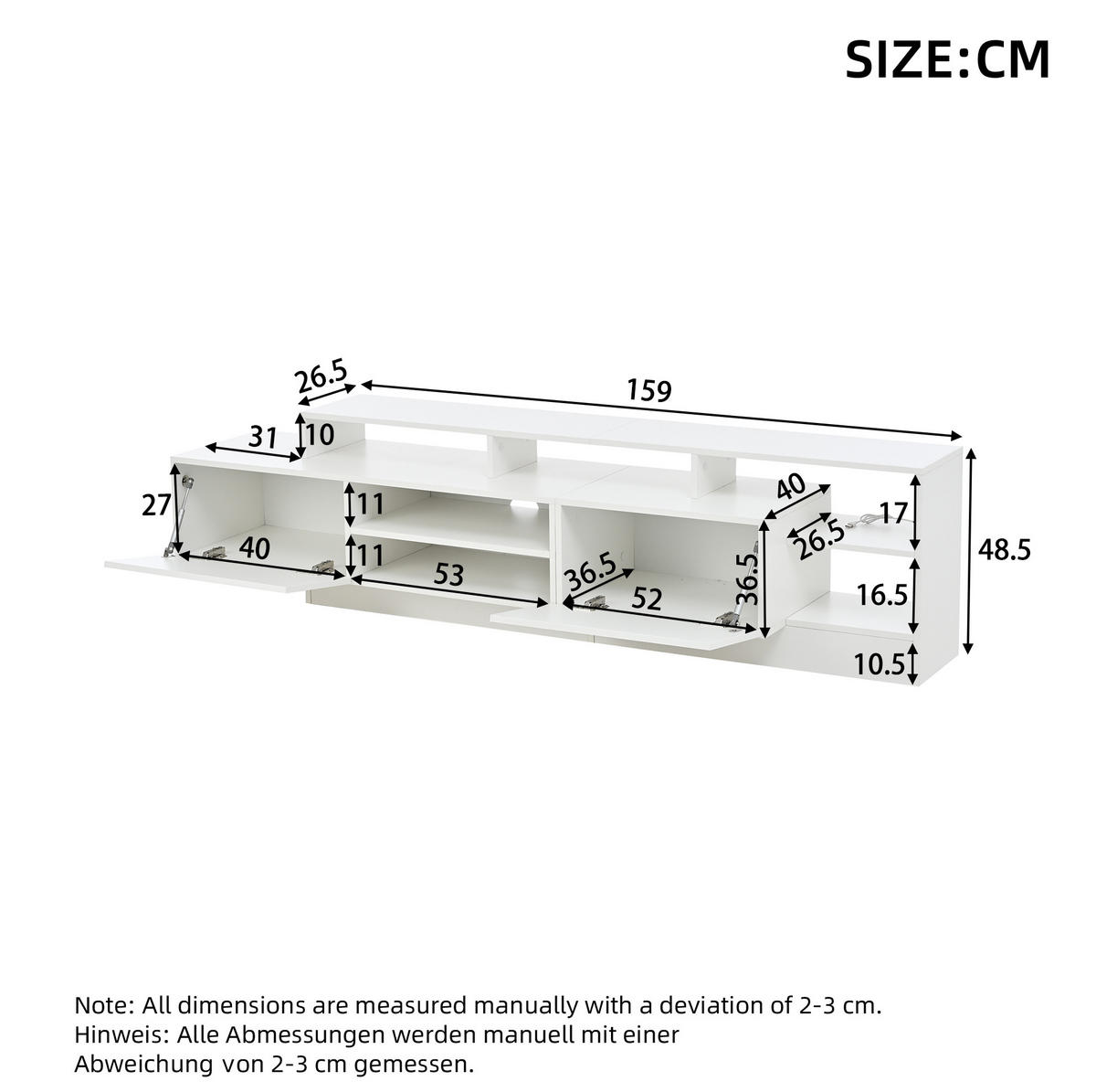 TV-LOWBOARD aus Spanplatte 190x40x48,5 cm Weiß mit LED-Beleuchtung, Klapptüren und Hochglanzfront - Weiß, Holzwerkstoff (190/48.5/40cm) - Modfu