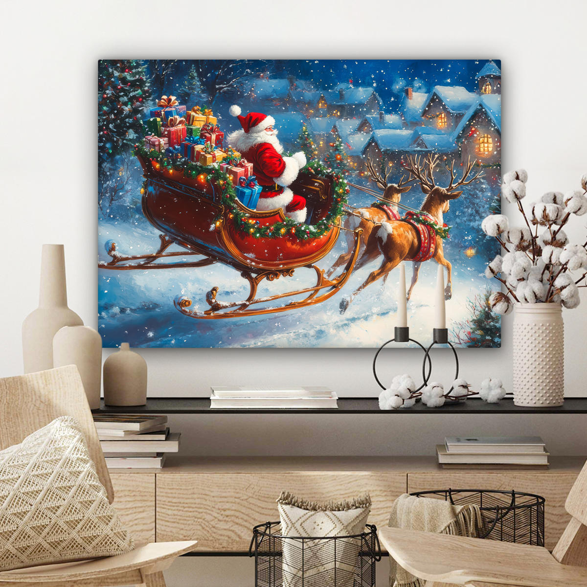 LEINWANDBILD Weihnachtsmann - Rentier - Weihnachten - Schnee Wandbilder 80x60 cm - Cognac, Textil (80/60cm) - MuchoWow