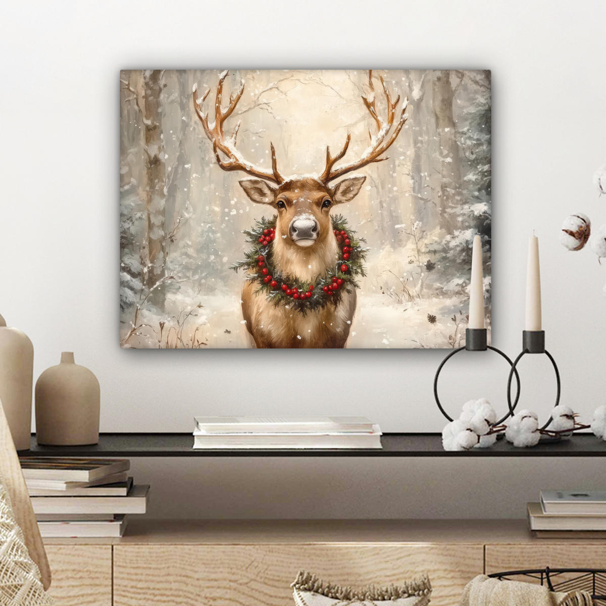 LEINWANDBILD Weihnachten - Rentier - Winter - Kranz 40x30 cm - Naturfarben, Textil (40/30cm) - MuchoWow