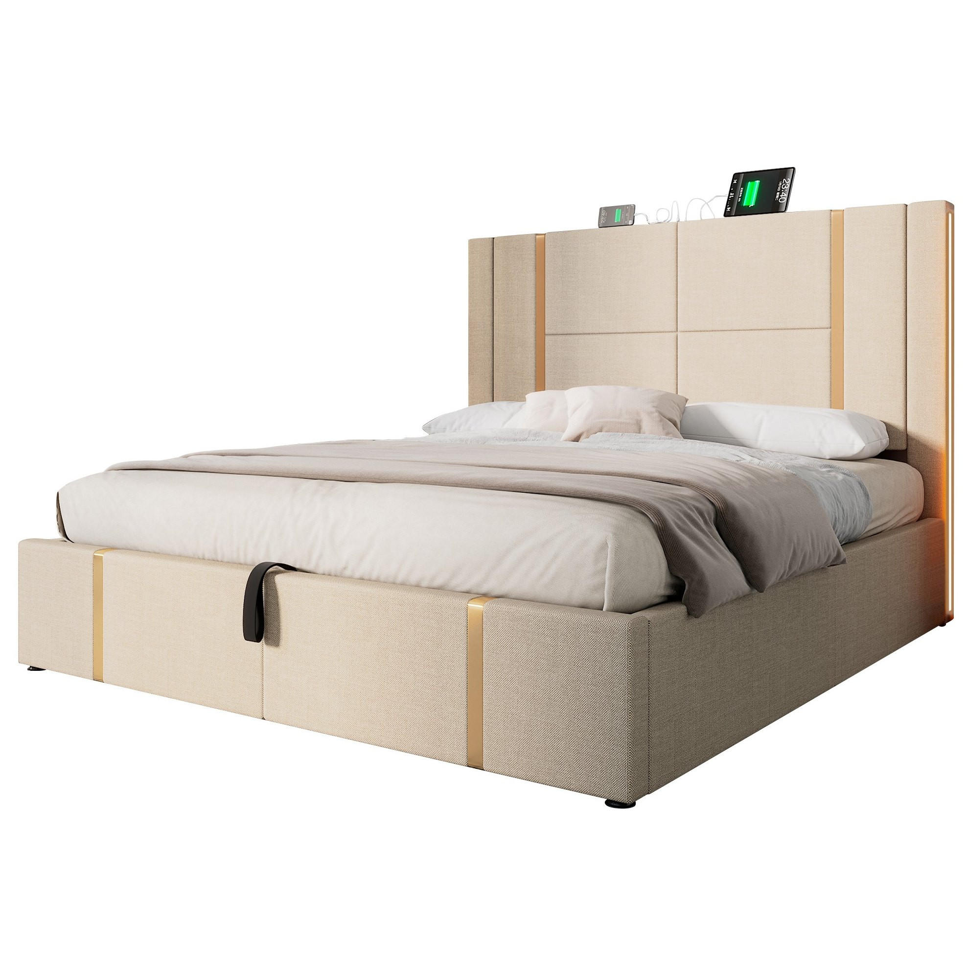 POLSTERBETT mit LED-Beleuchtung 180/200 cm mit Bettkasten und USB-C - Beige, Textil (180/200cm) - BEAOK